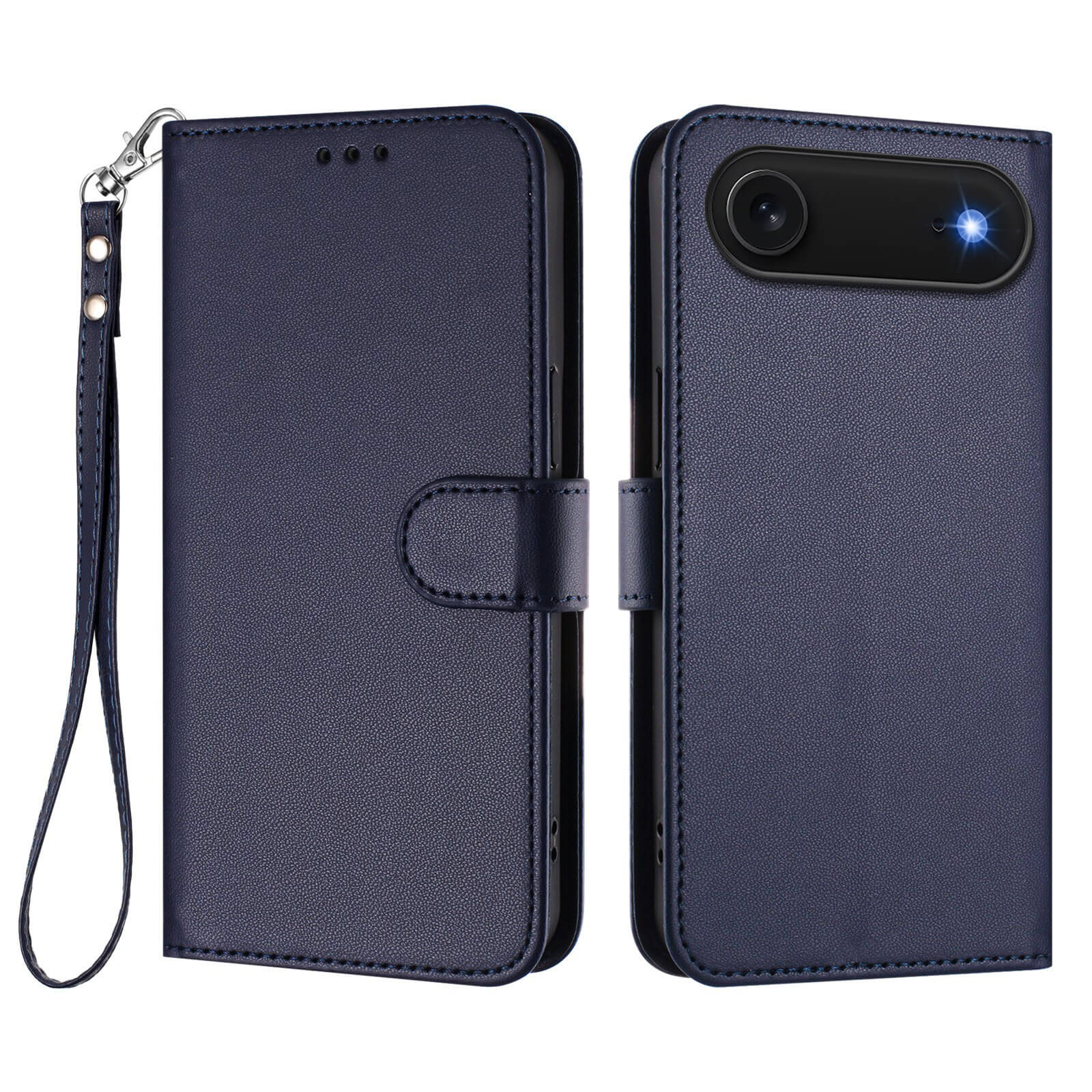 Das Cover-Discount iPhone 17 Air Glänzendes Hüllen Etui mit Handschlaufe aus marineblauem PU-Leder wird geöffnet und geschlossen mit einer Handschlaufe gezeigt, die perfekt passt; das Foto zeigt den Kamerablitz des Telefons an.
