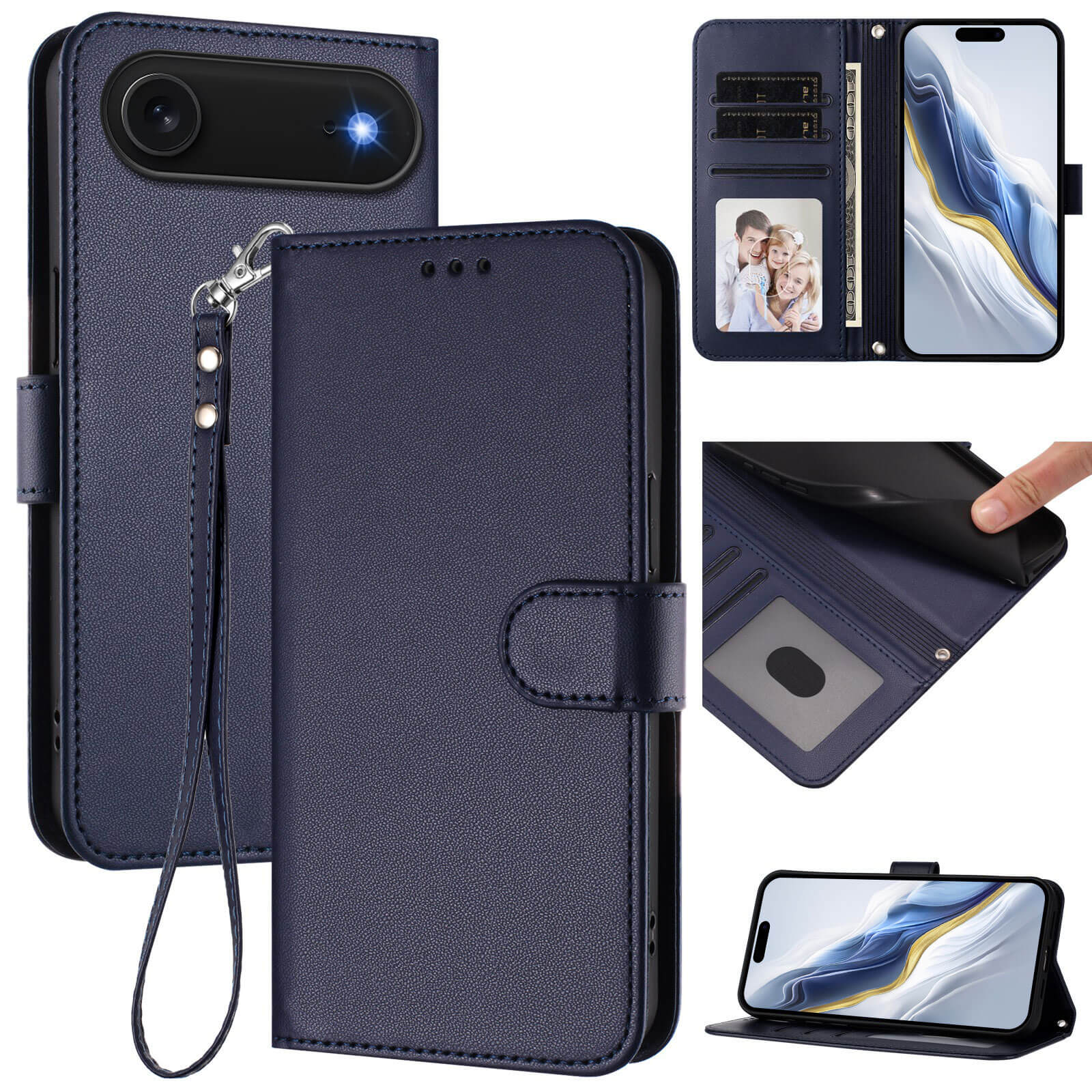 Die glänzende iPhone 17 Air Hülle von Cover-Discount aus PU-Leder bietet Kartenfächer, Handschlaufe und Standfunktion und wird aus verschiedenen Blickwinkeln präsentiert.