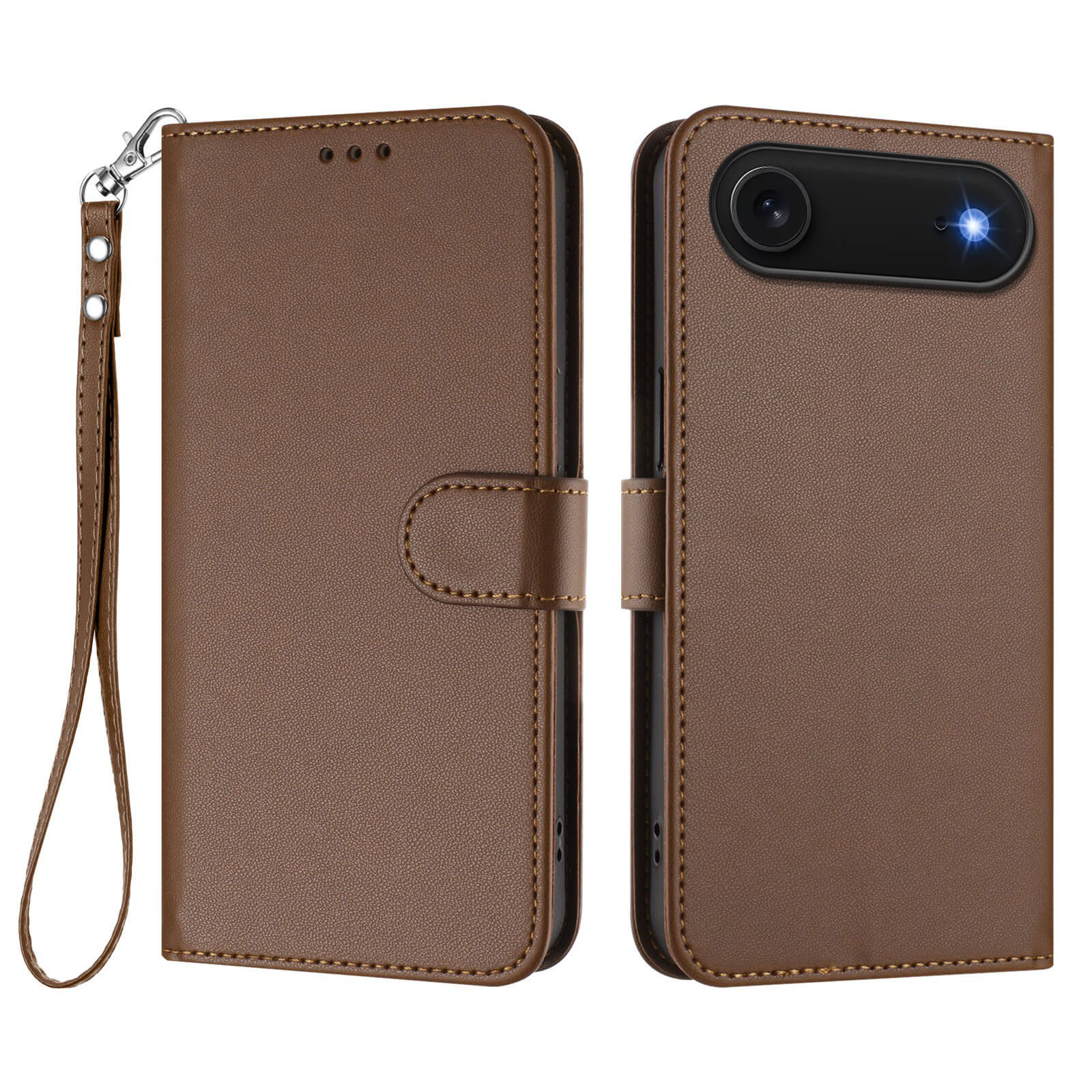 Das Cover-Discount iPhone 17 Air Glänzendes Hüllen Etui mit Handschlaufe wird offen und geschlossen gezeigt, inklusive aktiviertem Kamera-Blitz.