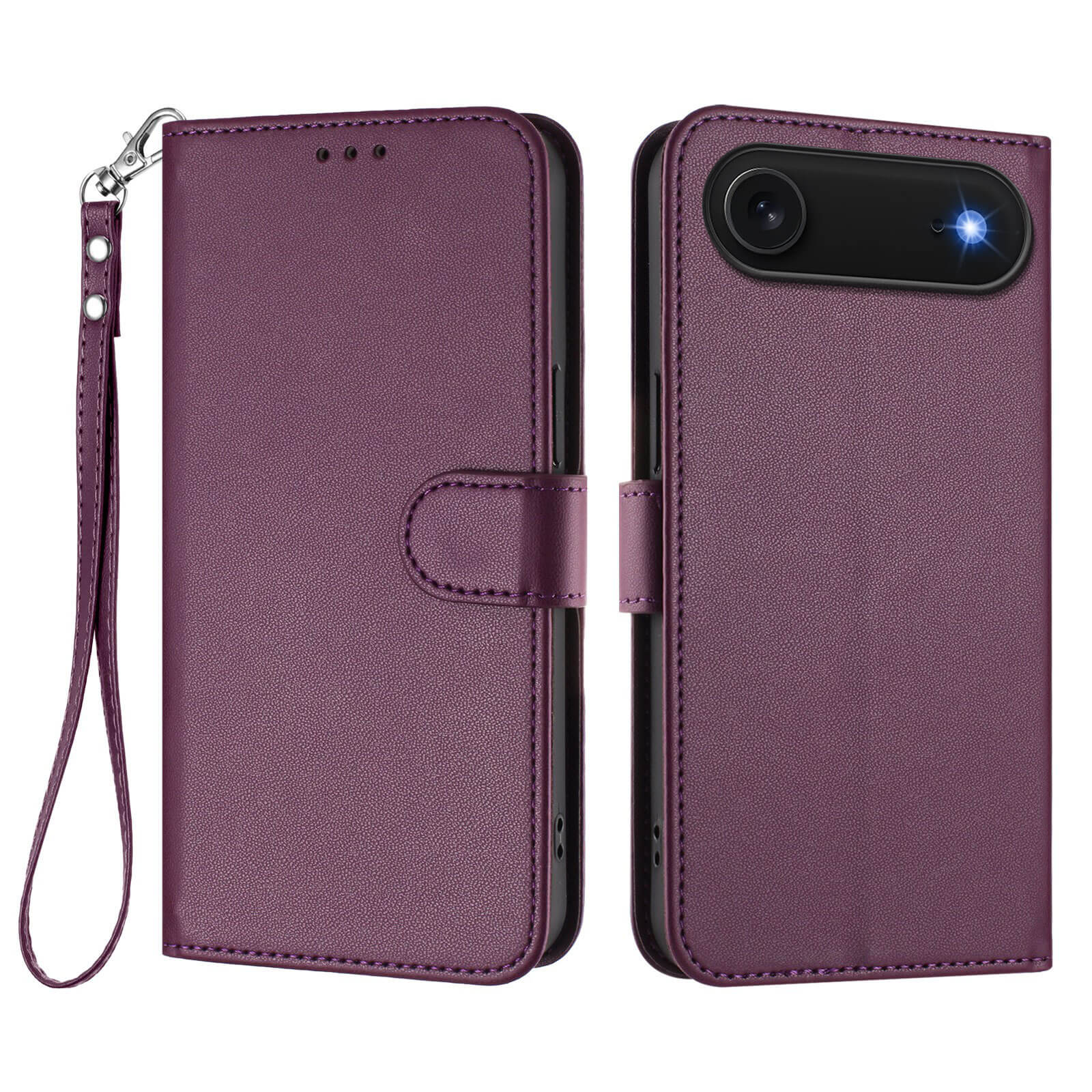 Die Cover-Discount iPhone 17 Air - Glänzendes Hüllen Etui mit Handschlaufe aus PU-Leder wird geöffnet und geschlossen gezeigt, wodurch Kameraausschnitt und Blitz sichtbar werden.