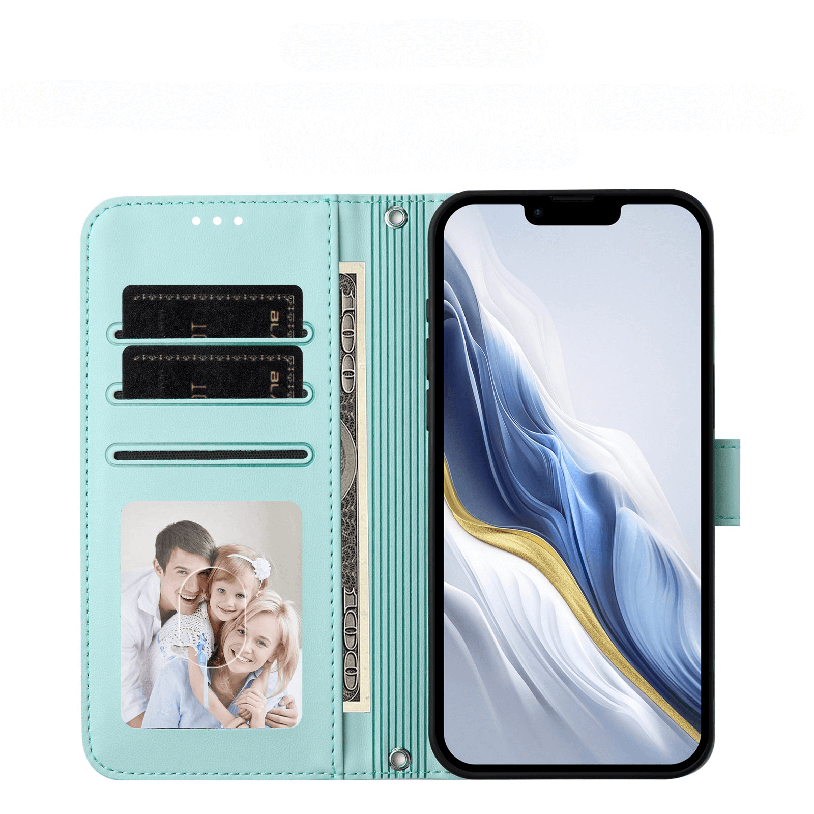 Ein tealfarbenes iPhone 17 Air Glänzendes Hüllen Etui mit Handschlaufe von Cover-Discount mit Karten, Bargeld und einem Familienfoto liegt neben einem Smartphone mit blau-weißem Bildschirm.