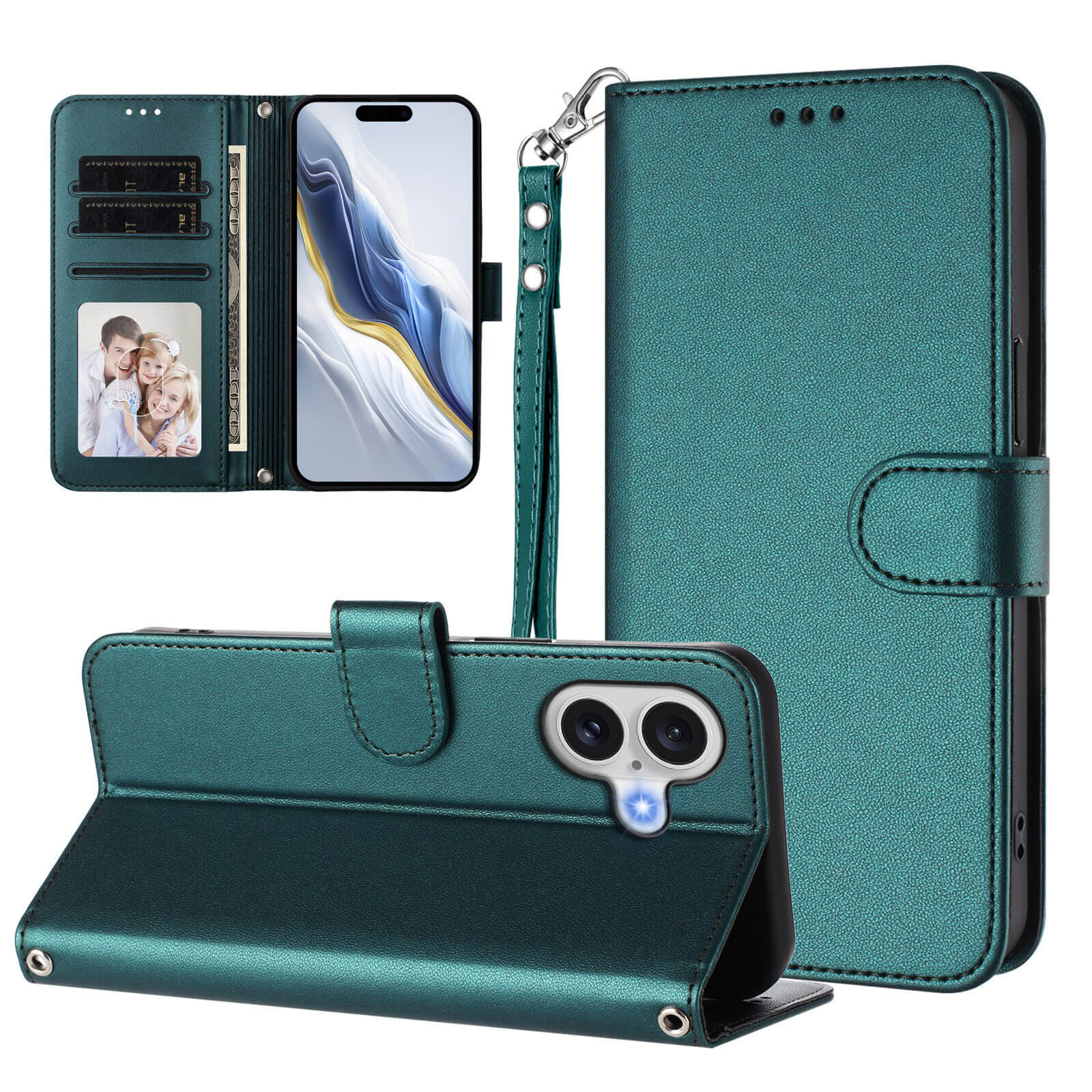 Cover-Discount iPhone 17 - Glänzendes Hüllen-Etui mit Handschlaufe: Schutzhülle aus PU-Leder mit Kartenfächern, Fotohalter, Standfunktion und praktischem Handgelenkriemen - abgebildet am Smartphone.