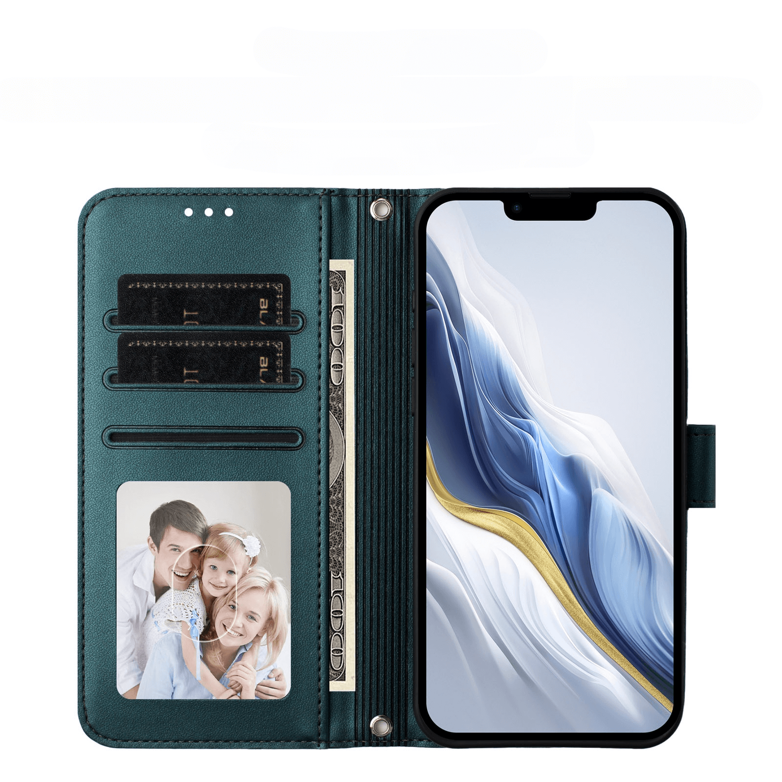 Das Cover-Discount iPhone 17 Glänzendes Hüllen Etui mit Handschlaufe in tealem PU-Leder fungiert als Brieftaschenetui, in dem Karten, Bargeld und ein Familienfoto Platz finden, während Ihr Smartphone auf der rechten Seite sicher untergebracht ist.