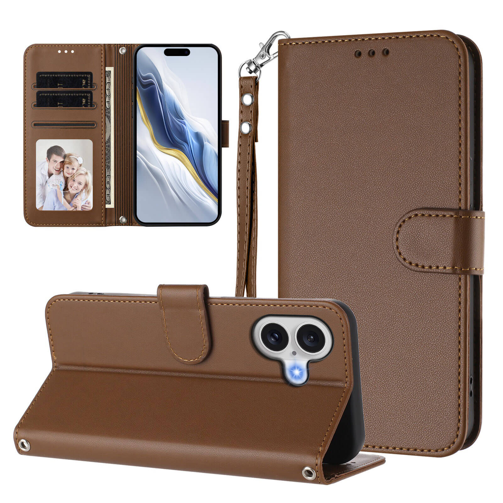 Das Cover-Discount iPhone 17 Glänzendes Hüllen Etui verfügt über Kartenfächer, eine Fototasche, eine Handgelenkschlaufe und eine Standfunktion.