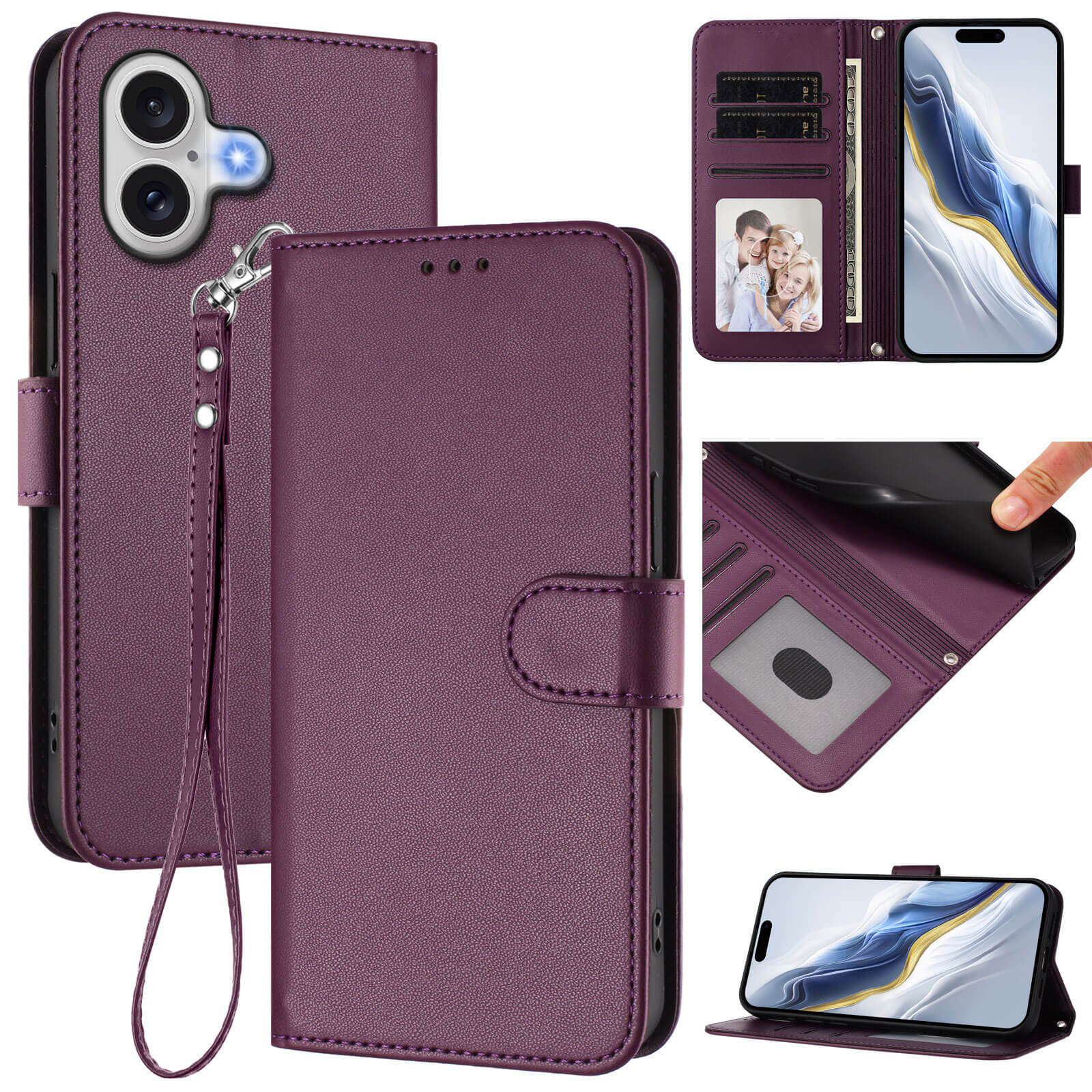 Das Cover-Discount iPhone 17 - Glänzendes Hüllen Etui verfügt über Kartenfächer, einen klappbaren Ständer und eine Handschlaufe. Hier in lila PU-Leder mit einem Telefon im Inneren.