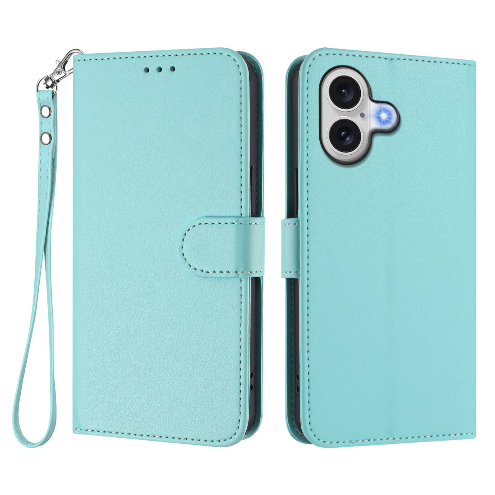 Die Cover-Discount iPhone 17 - Glänzendes Hüllen Etui mit Handschlaufe aus PU-Leder wird in Hellblau gezeigt, geöffnet und geschlossen, mit sichtbarem Kameraausschnitt.