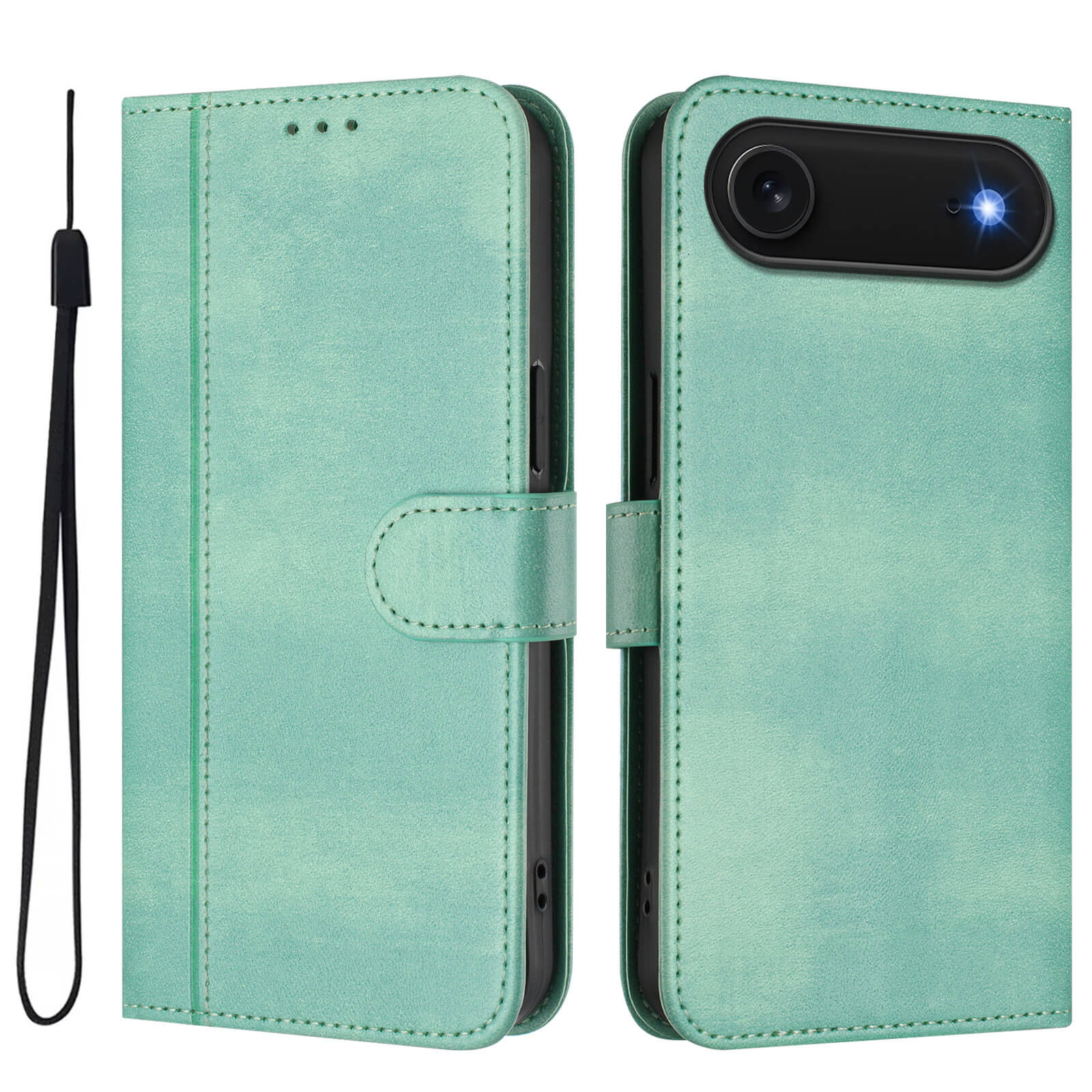 #farbe_hellgrün|Die iPhone 17 Air - Retro Look Etui im Vintage Design von Cover-Discount ist eine mintgrüne Lederhülle mit Kartenfächern und Handgelenkschlaufe, geöffnet und geschlossen mit Kameraausschnitt.