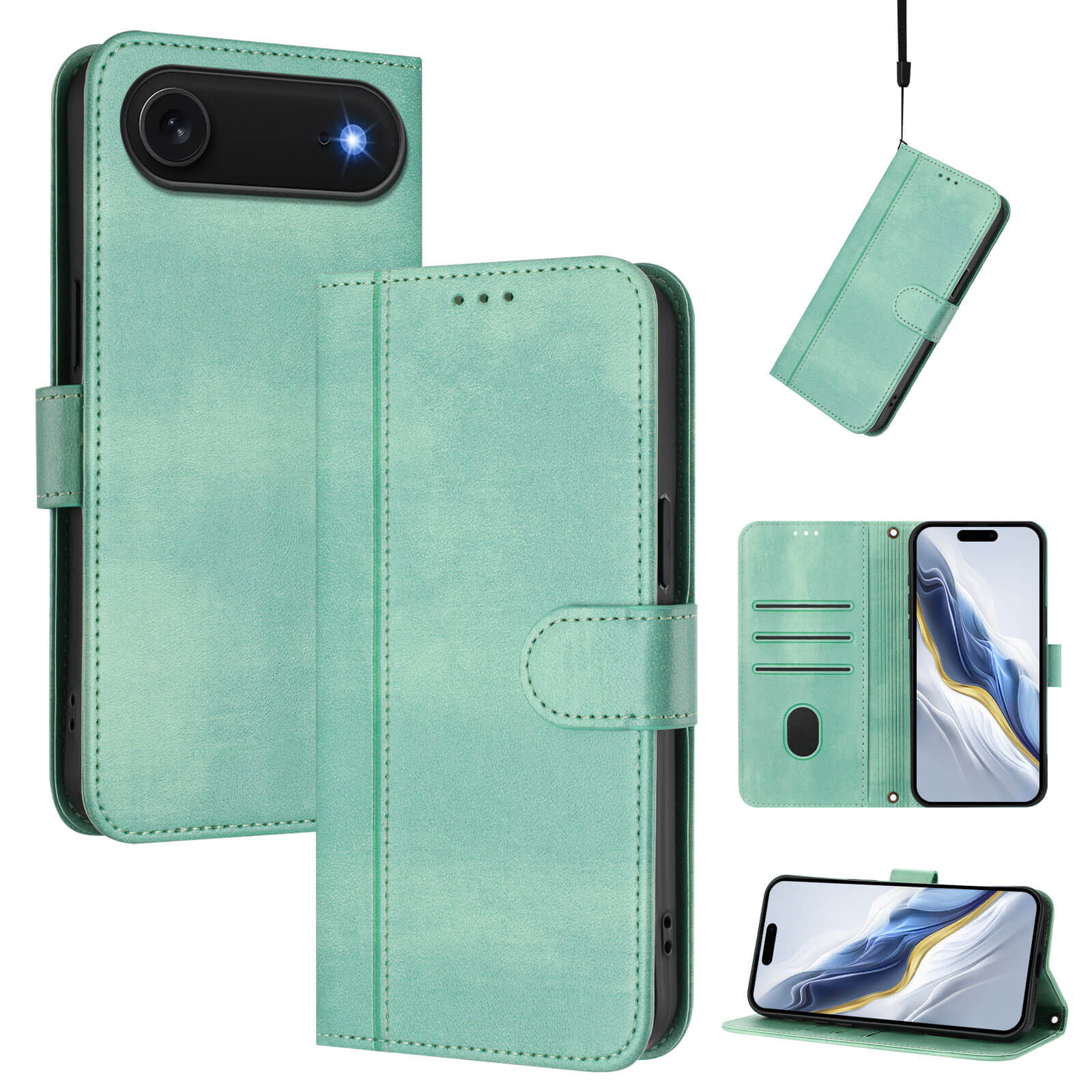 #farbe_hellgrün|Das Cover-Discount iPhone 17 Air - Retro Look Etui im Vintage Design in Mintgrün ist offen, geschlossen, als Ständer und mit Lanyard abgebildet; Vintage-Leder-Stil inklusive praktischer Kartenfächer für müheloses Handling.