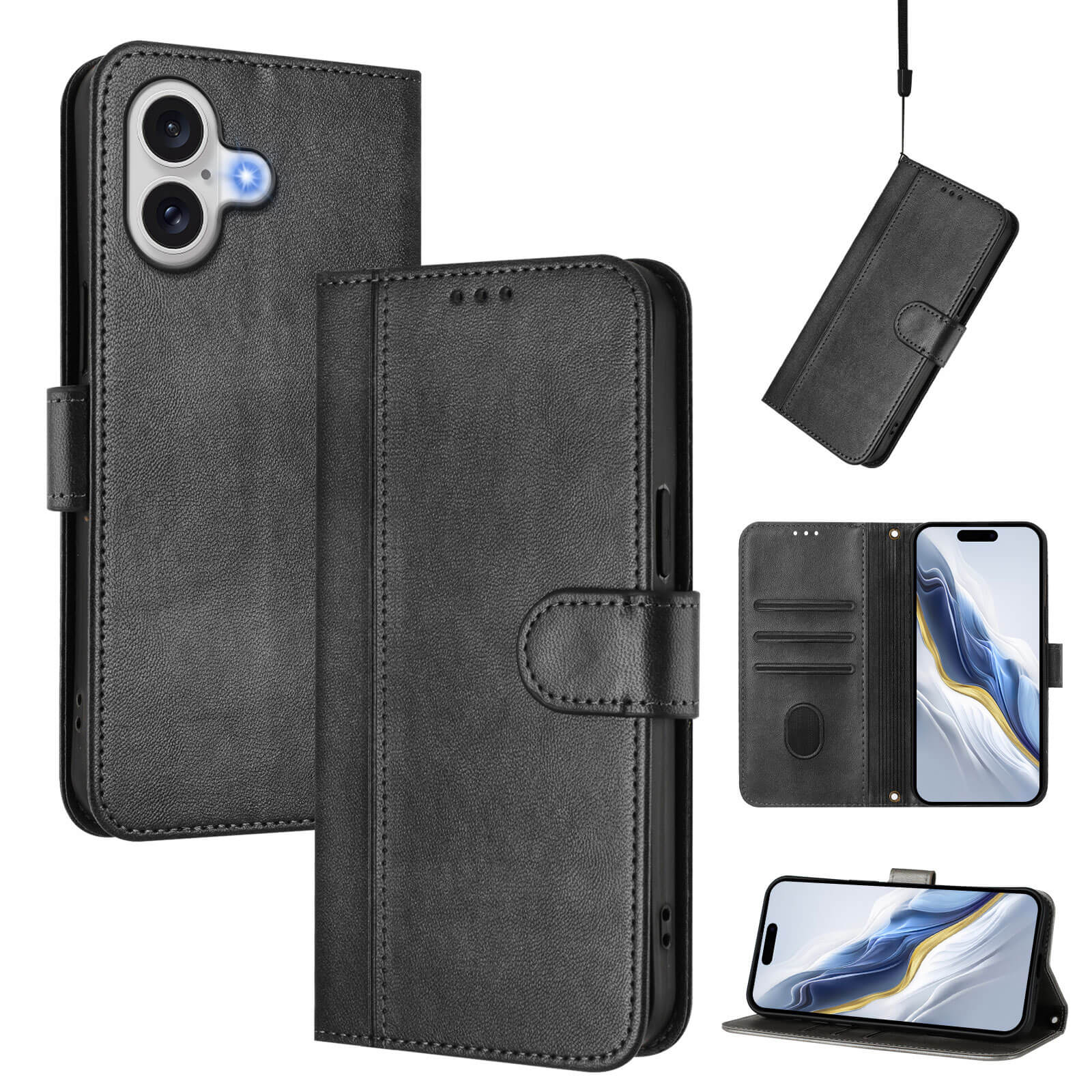 Die Cover-Discount iPhone 17 - Retro Look Etui im Vintage Design wird geschlossen, offen mit Kartenfächern und als Ständer gezeigt; inklusive praktischer Handschlaufe.