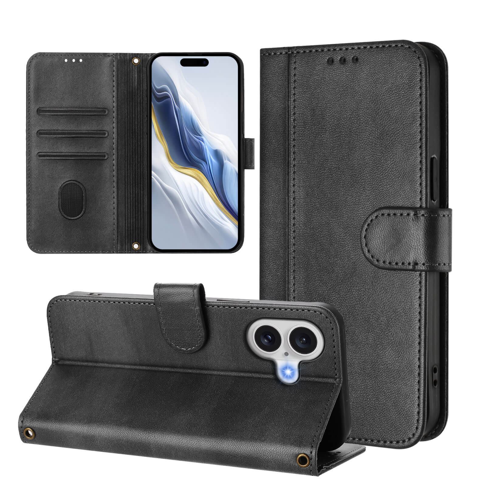 Das Cover-Discount iPhone 17 - Retro Look Etui im Vintage Design verfügt über schwarzes Leder, Kartenfächer, Magnetverschluss und eine Standfunktion, hier mit einem Smartphone abgebildet.