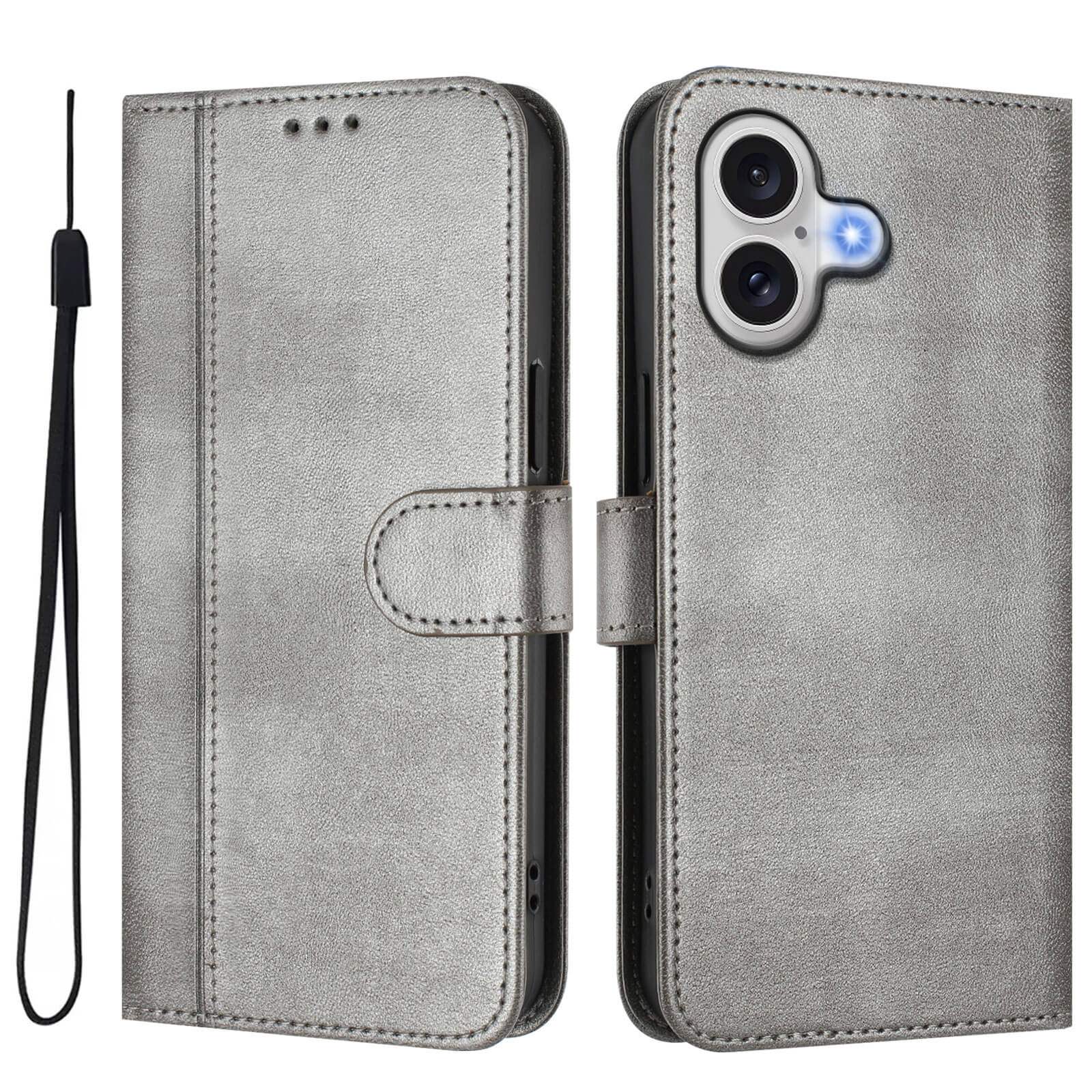 Das Cover-Discount iPhone 17 - Retro Look Etui im Vintage Design bietet Kartenfächer, praktischen Gurt, Kameraausschnitt und Magnetverschluss - idealer Schutz in edlem Grau, offen und geschlossen verwendbar.