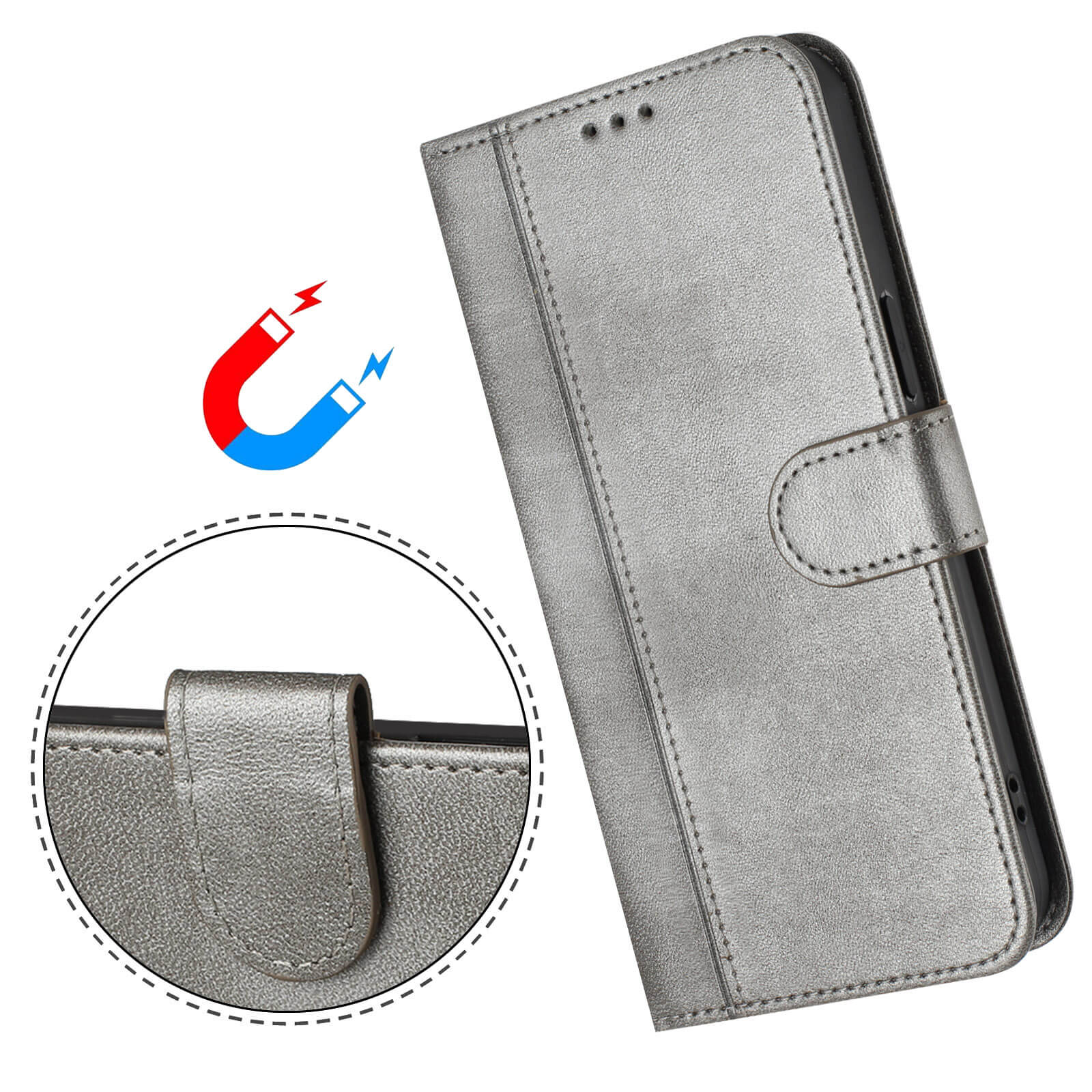 Cover-Discount iPhone 17 - Retro Look Etui im Vintage Design in grau, mit einem Magnetverschluss mit Nahaufnahme und einem rot-blauen Magnetsymbol.