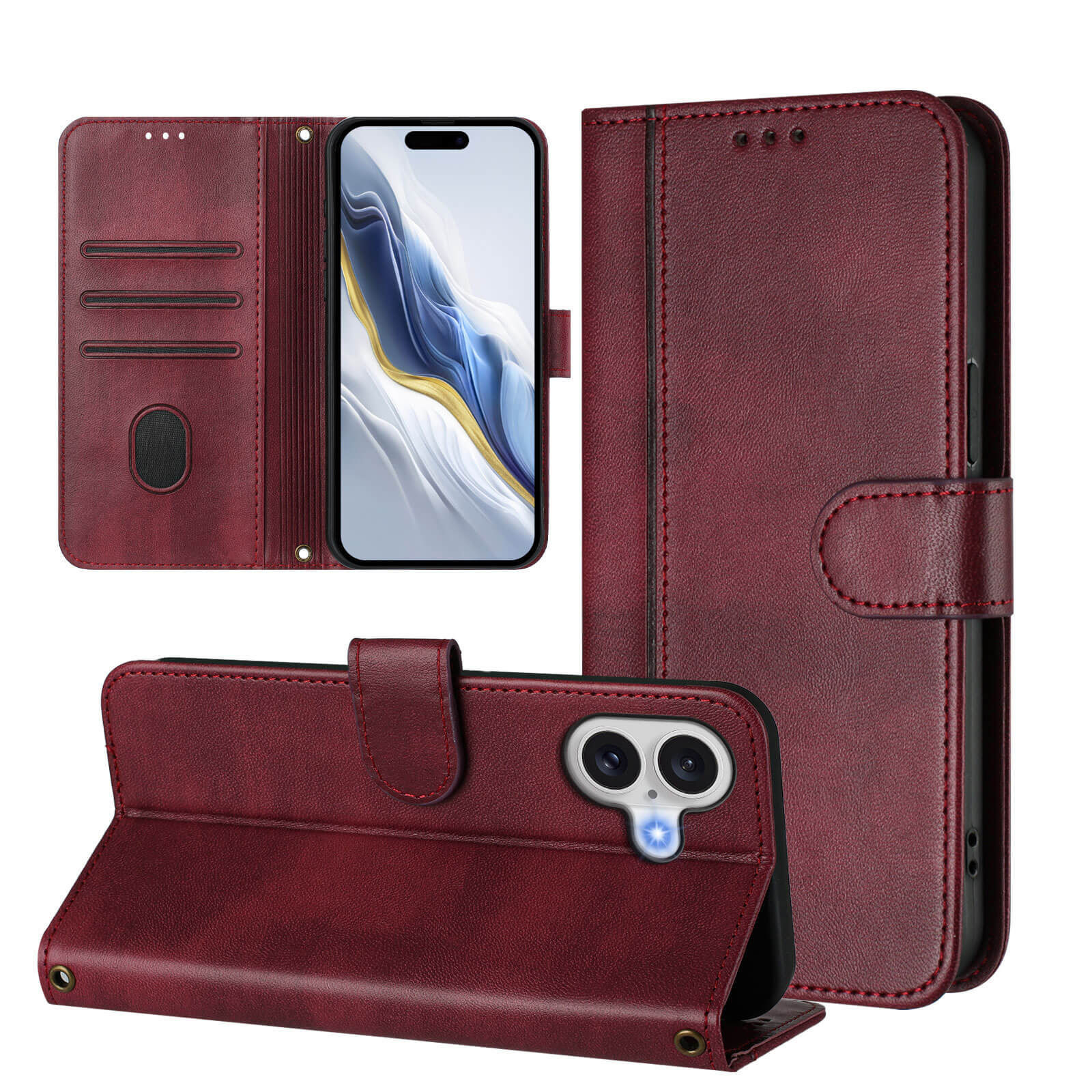 Cover-Discount iPhone 17 - Retro Look Etui im Vintage Design mit Kartenfächern und Standfunktion, präsentiert offen und geschlossen mit eingelegtem Handy.