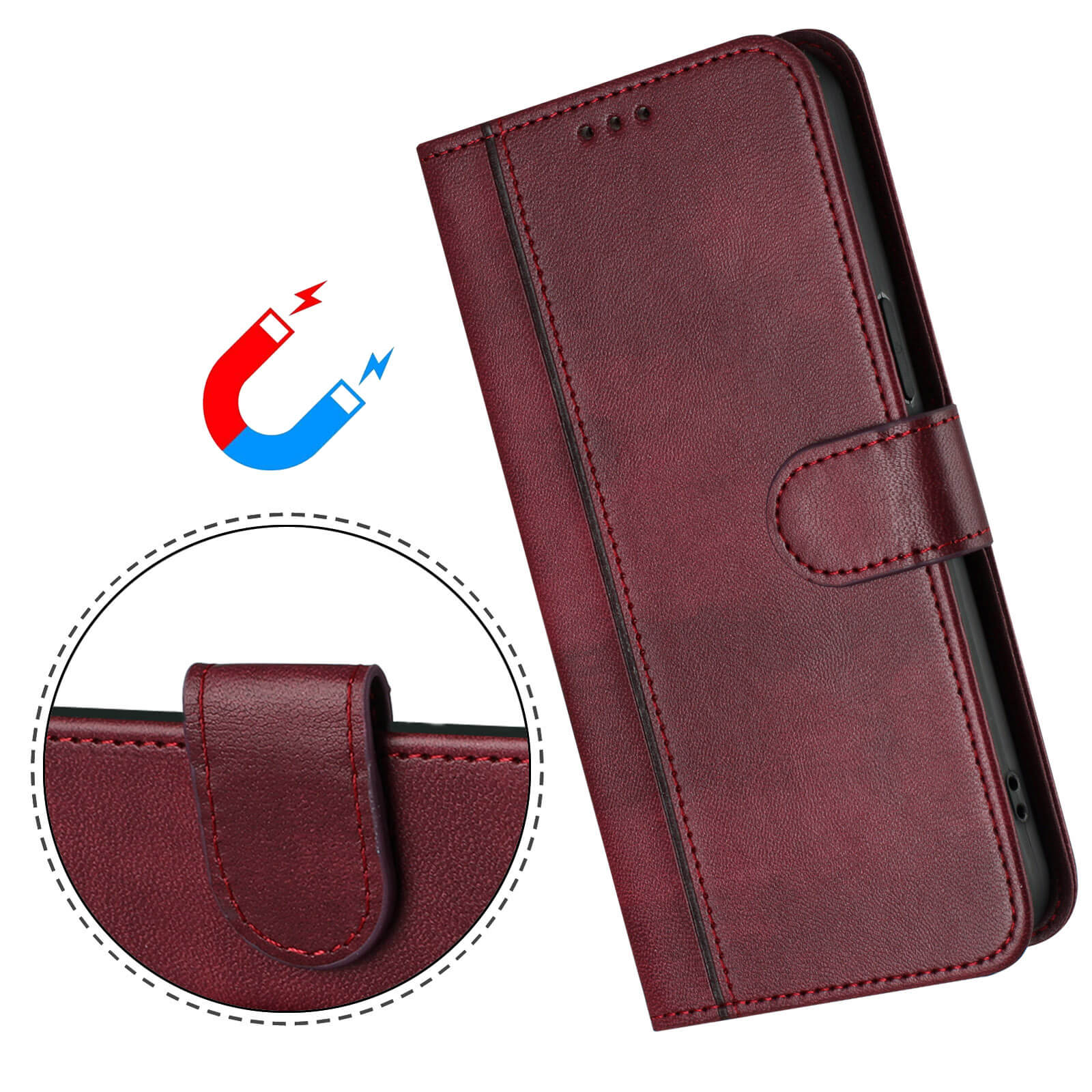 Das Cover-Discount iPhone 17 - Retro Look Etui im Vintage Design ist eine kastanienbraune Lederhülle mit Kartenfächern und Magnetverschluss, die ein Magnetsymbol und eine Nahaufnahme zeigt. Perfekt als iPhone 17 Handyhülle.