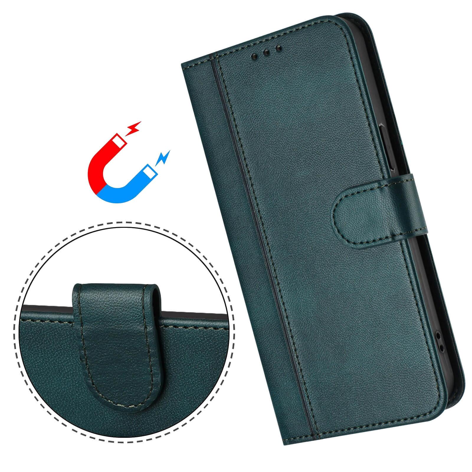 Cover-Discount iPhone 17 - Retro Look Etui im Vintage Design mit magnetischem Verschluss, Magnet-Icon und eleganter Kartenfächer-Klappverschluss-Nahaufnahme in Teal.