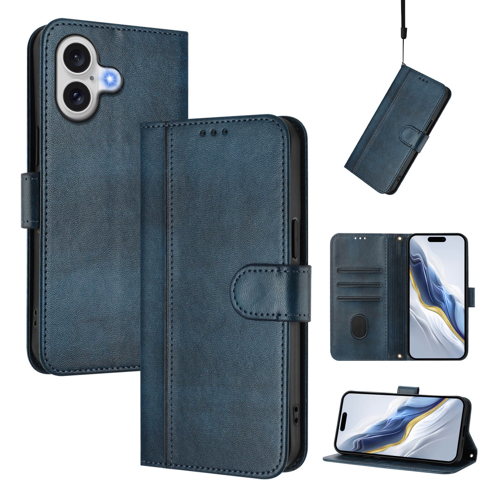 Das Cover-Discount iPhone 17 - Retro Look Etui im Vintage Design verfügt über blaues Leder, Kartenfächer, Standfunktion und Handschlaufe - ideal als iPhone 17 Handyhülle.