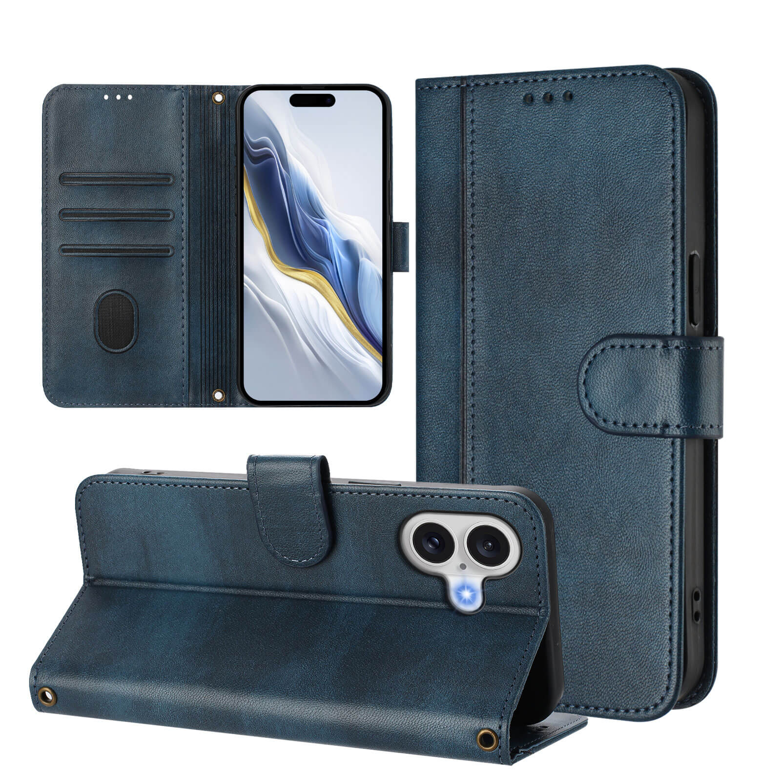 Cover-Discount iPhone 17 - Retro Look Etui im Vintage Design: Zeigt sich geöffnet, geschlossen und als Stand nutzbar - mit Kartenfächern und Platz fürs Smartphone.