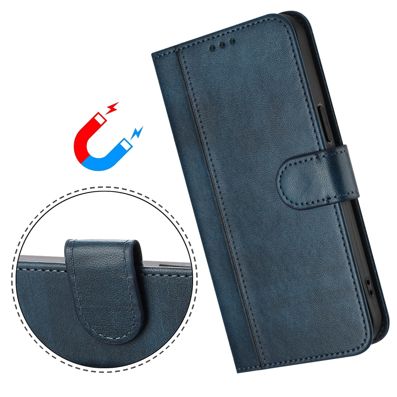 Das Cover-Discount iPhone 17 - Retro Look Etui im Vintage Design ist in der Nahaufnahme zu sehen, mit blauem Vintage-Leder, Magnetverschluss und Kartenfächern mit einem Magnetsymbol.