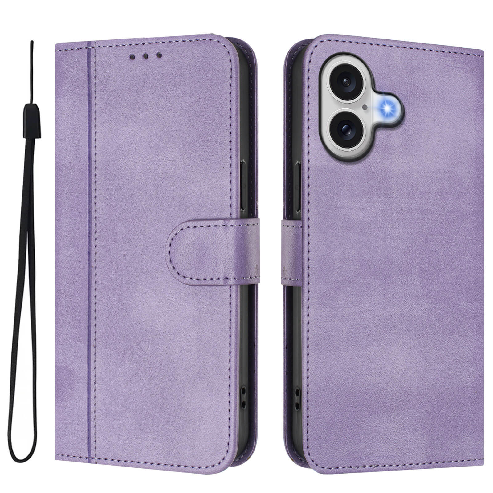 Das Cover-Discount iPhone 17 - Retro Look Etui im Vintage Design in Lila mit praktischer Handschlaufe und Kartenfächern, gezeigt geschlossen und offen von vorne und hinten.