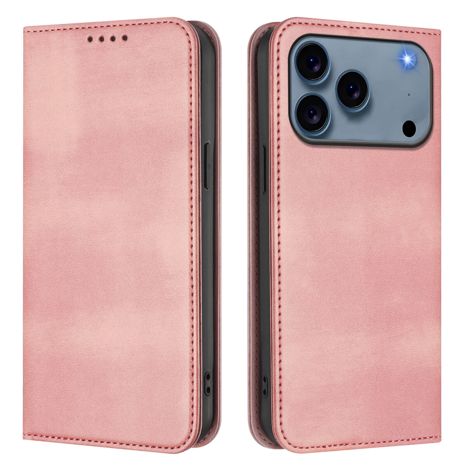 Das Cover-Discount iPhone 17 Pro Max - Vintage Flip Case aus pinkfarbenem Leder wird offen und geschlossen gezeigt, wobei der Kameraausschnitt, die Blitzöffnung und der integrierte RFID-Schutz für zusätzliche Sicherheit hervorgehoben werden.