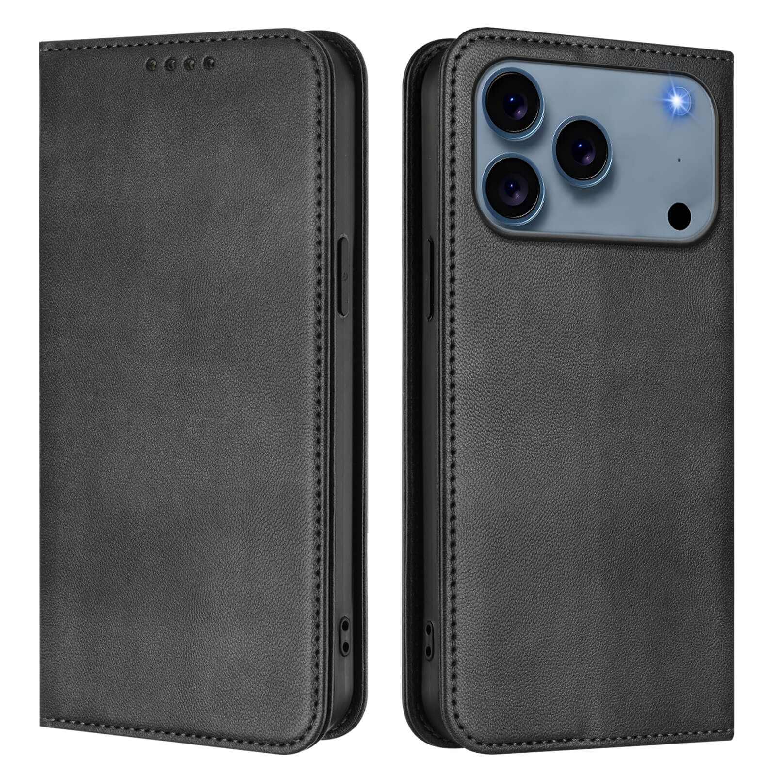 Zwei Cover-Discount iPhone 17 Pro Max - Vintage Flip Cases in schwarzem Leder sind abgebildet: Eines zeigt die Vintage-Vorderseite, das andere die Rückseite mit dreifachem Kameraausschnitt und integriertem RFID-Schutz.