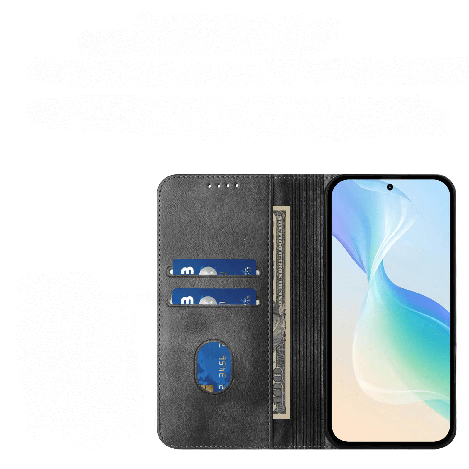 Das Cover-Discount iPhone 17 Pro Max - Vintage Flip Case ist offen und zeigt Karten, Bargeld und ein Smartphone. Es verfügt über RFID-Schutz für die Sicherheit und passt perfekt zu Ihrem iPhone 17 Pro Max.
