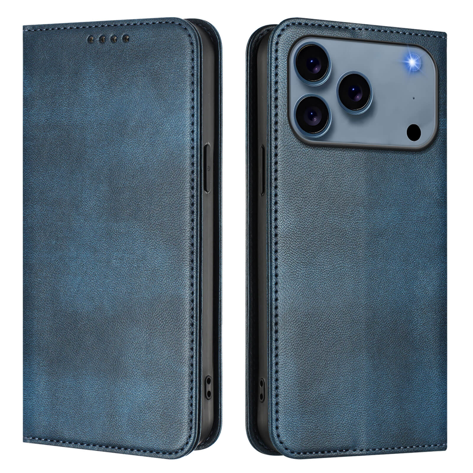 Das Cover-Discount iPhone 17 Pro Max - Vintage Flip Case in blauem Leder ist geschlossen (Vorderseite) und offen (Rückseite) abgebildet und verfügt über eine dreifache Kameraaussparung, einen Blitzplatz und einen integrierten RFID-Schutz für zusätzliche Sicherheit.