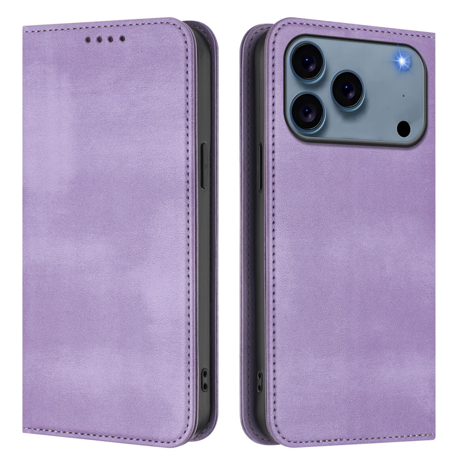 Das Cover-Discount iPhone 17 Pro Max - Vintage Flip Case in Lila ist geschlossen und geöffnet dargestellt und zeigt die rückwärtige Kamera und den Blitz sowie den integrierten RFID-Schutz für zusätzliche Sicherheit.