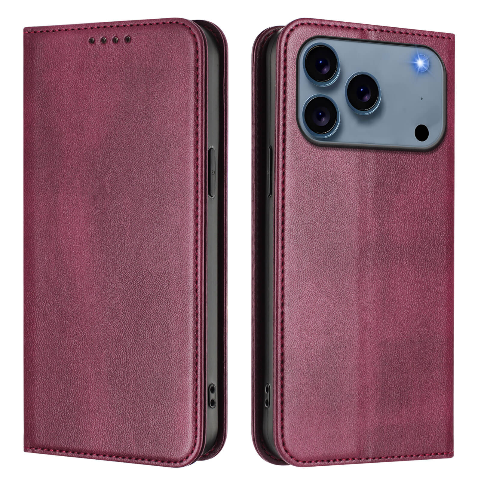 #farbe_weinrot|Zwei Ansichten der iPhone 17 Pro - Vintage Flip Case von Cover-Discount in kastanienbraunem Leder, die die Vorderseite und den hinteren Kamerabereich zeigen - eine ideale Hülle mit RFID-Schutz für Ihr iPhone 17 Pro.
