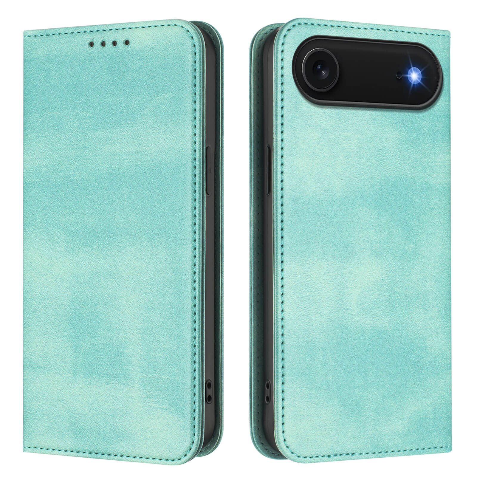 Cover-Discount iPhone 17 Air - Vintage Flip Case in mintgrün, offen und geschlossen, mit RFID-Schutz und beleuchtetem Kamerablitz auf der offenen Seite.