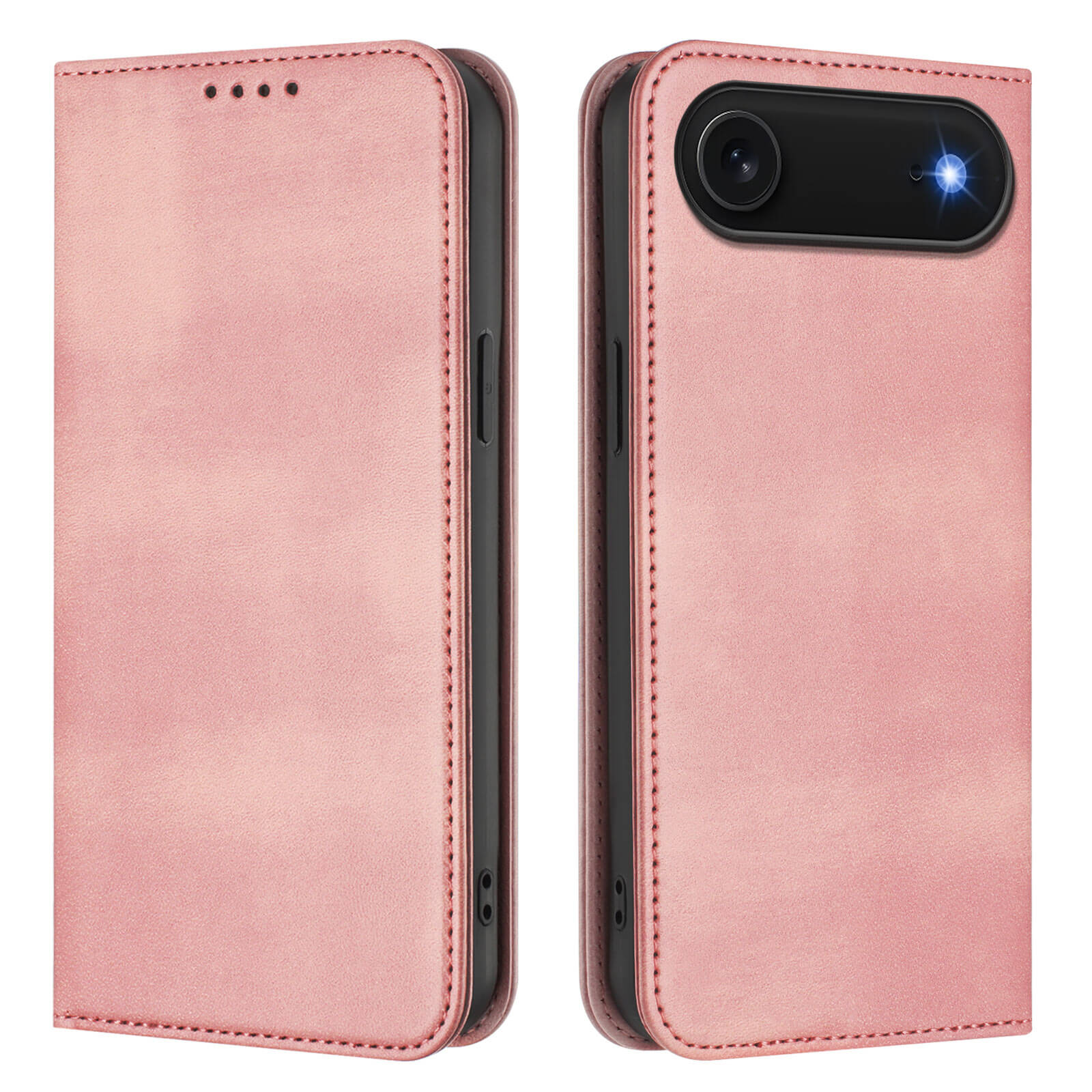 Cover-Discount's iPhone 17 Air - Vintage Flip Case in Pink, abgebildet auf der Vorder- und Rückseite mit Kameraausschnitt und RFID-Schutz für Sicherheit. Der Kamerablitz unterstreicht das schlanke, elegante Design der Tasche.