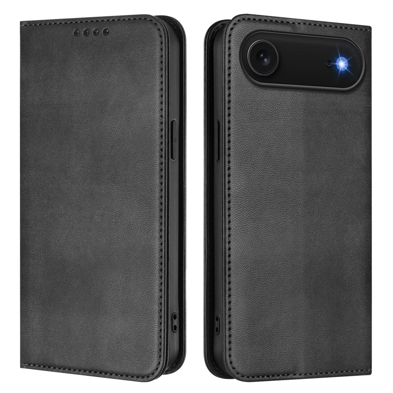 Gezeigt werden zwei schwarze Ledertaschen von Cover-Discount: eine zeigt die Vorderseite, die andere die Rückseite mit eingeschaltetem Kamerablitz. Beide sind Vintage Flip Cases mit RFID-Schutz, ideal als iPhone 17 Air - Vintage Flip Case.