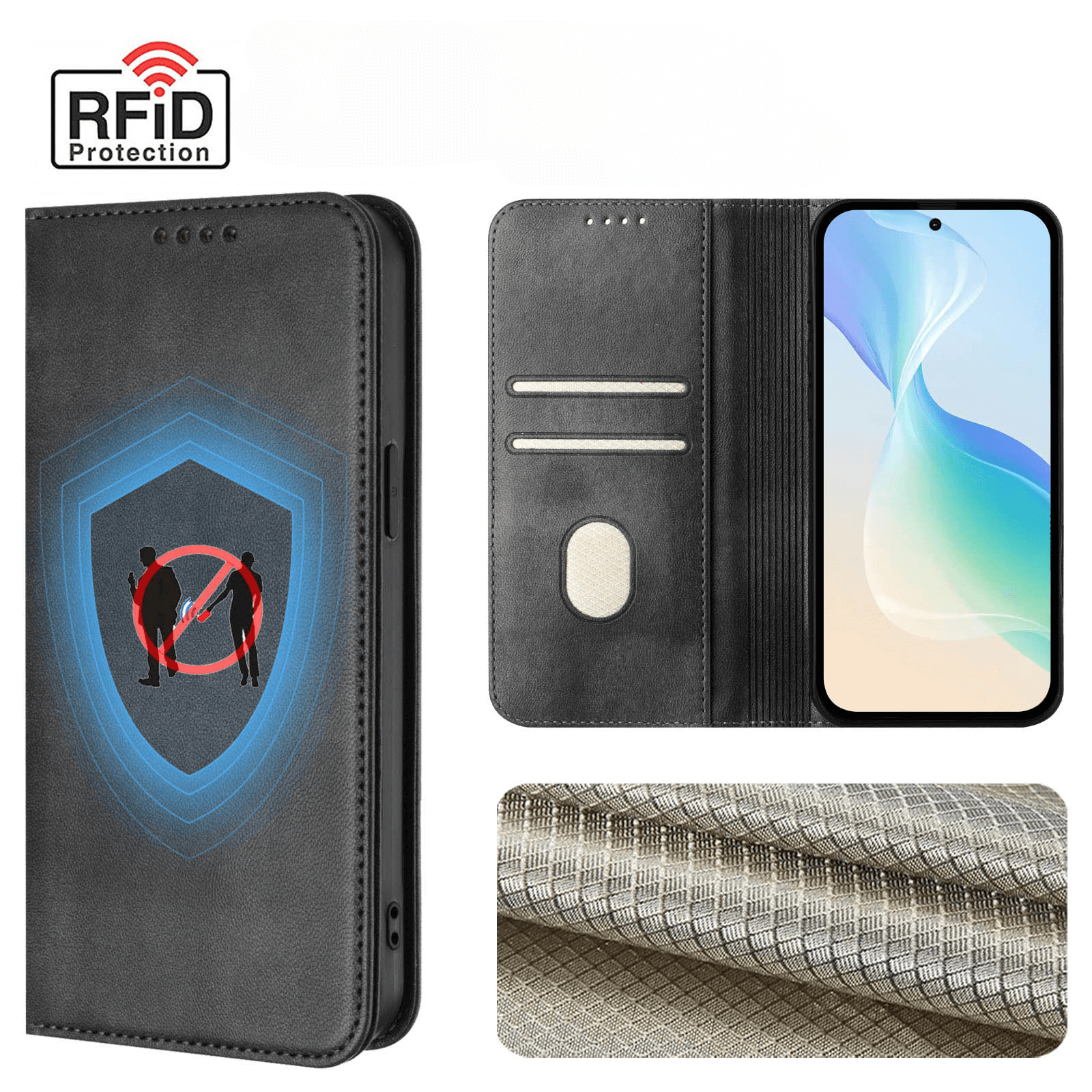 Das Cover-Discount iPhone 17 Air - Vintage Flip Case in Schwarz bietet RFID-Schutz, Kartenfächer und ein Schilddesign. Gezeigt offen und geschlossen, es verbindet klassischen Stil mit Sicherheit für Ihr Gerät.