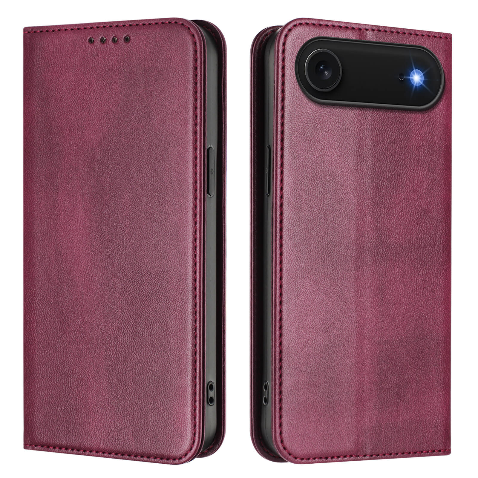 #farbe_weinrot|Cover-Discount's iPhone 17 Air - Vintage Flip Case in kastanienbraun wird offen und geschlossen gezeigt, mit RFID-Schutz und einem Kamera-Blitzausschnitt, der auf der offenen Seite sichtbar ist.