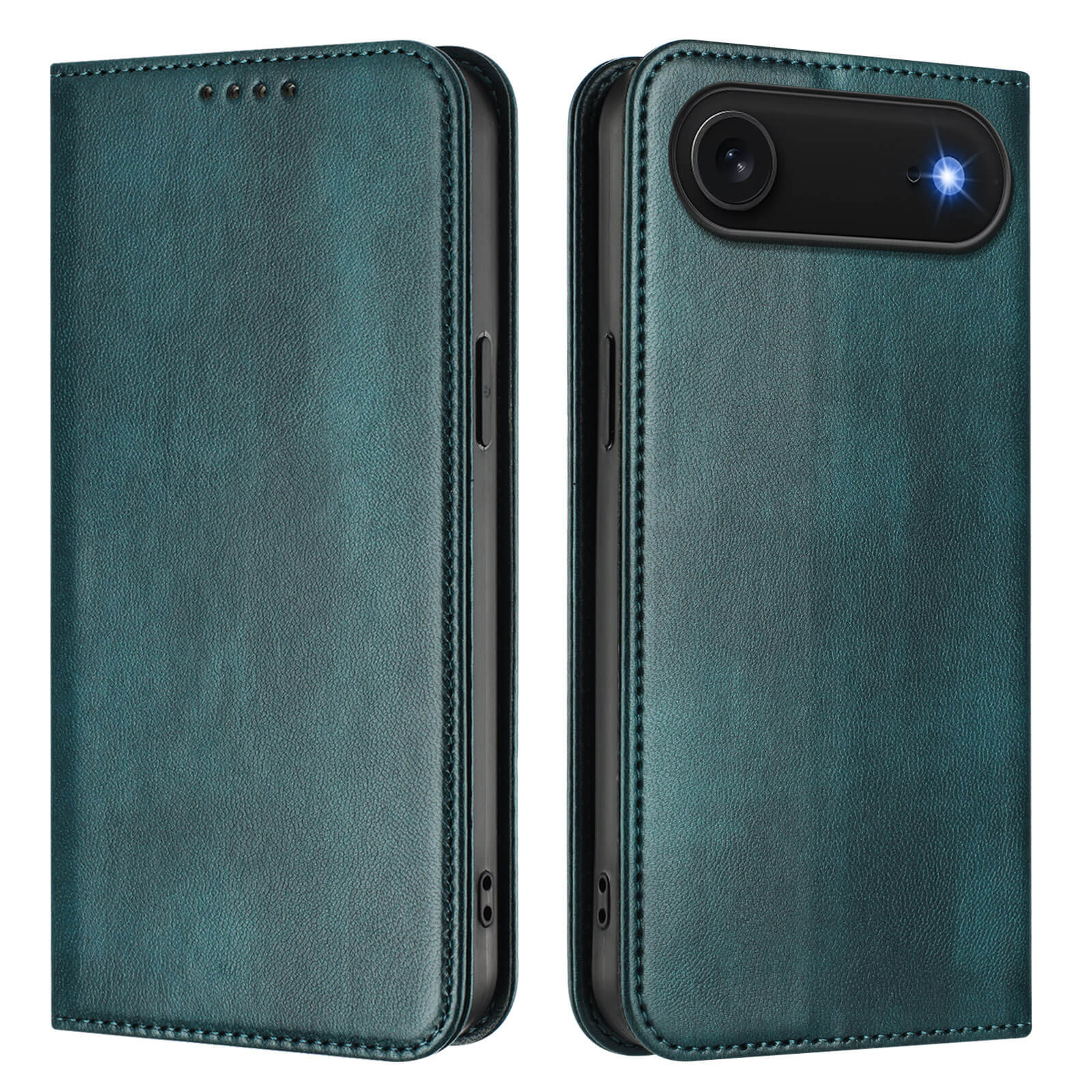 Cover-Discount iPhone 17 Air - Vintage Flip Case in tealem Leder mit RFID-Schutz, Kamera- und Blitzausschnitt, abgebildet von vorne und hinten.