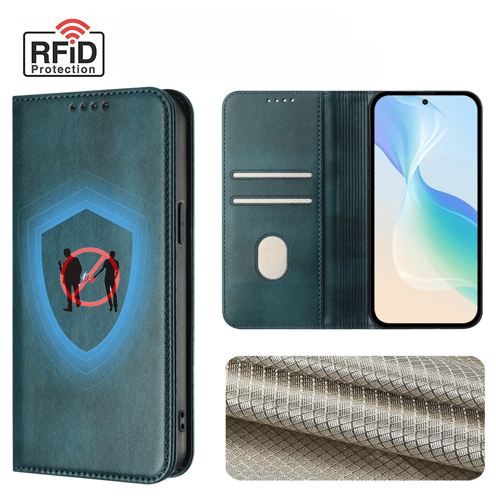 Cover-Discount iPhone 17 Air - Vintage Flip Case in teal verfügt über RFID-Schutz, Kartenschlitze, Sicherheitsschild-Grafik und eine strukturierte Innenseite.