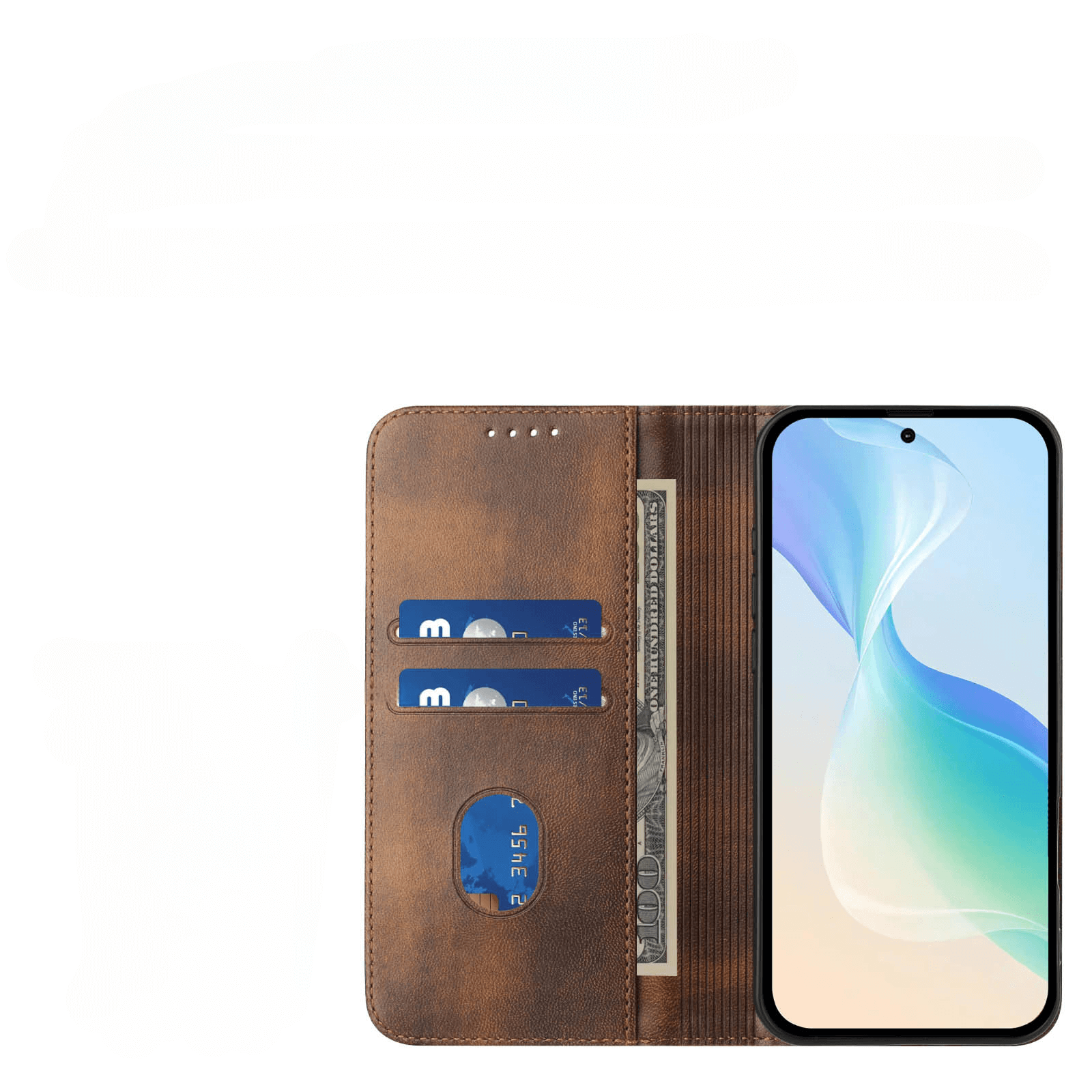 Das Cover-Discount iPhone 17 Air - Vintage Flip Case ist eine braune Ledertasche mit RFID-Schutz, in der Sie Karten, Bargeld und Ihr Telefon aufbewahren können - ideal für alle, die einen stilvollen und sicheren Schutz wünschen.