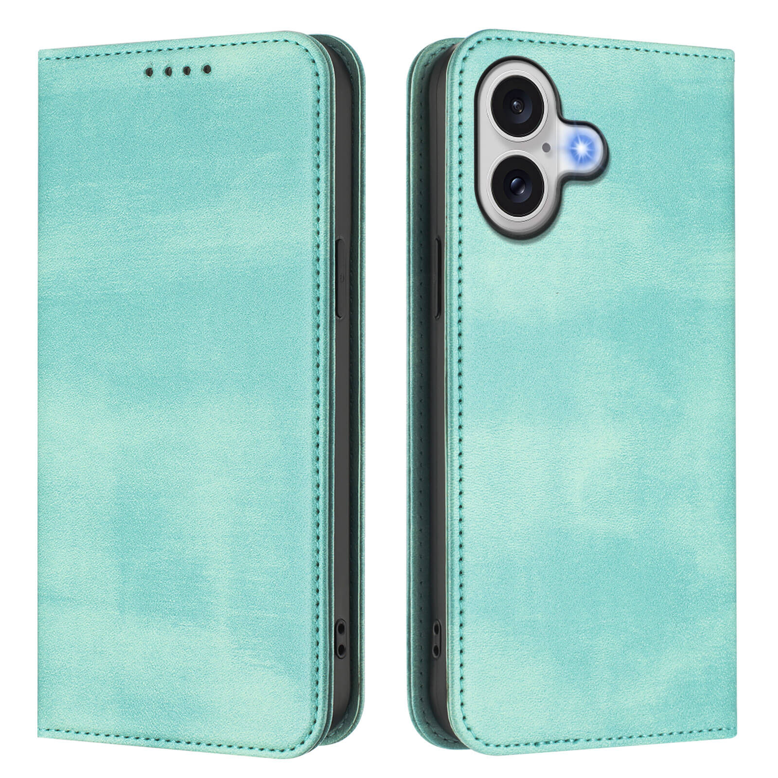 Das Cover-Discount iPhone 17 - Vintage Flip Case aus aqua-blauem Leder ist auf der Vorder- und Rückseite abgebildet und hebt die Kameraausschnitte, die Nähte und den RFID-Schutz für mehr Sicherheit hervor.