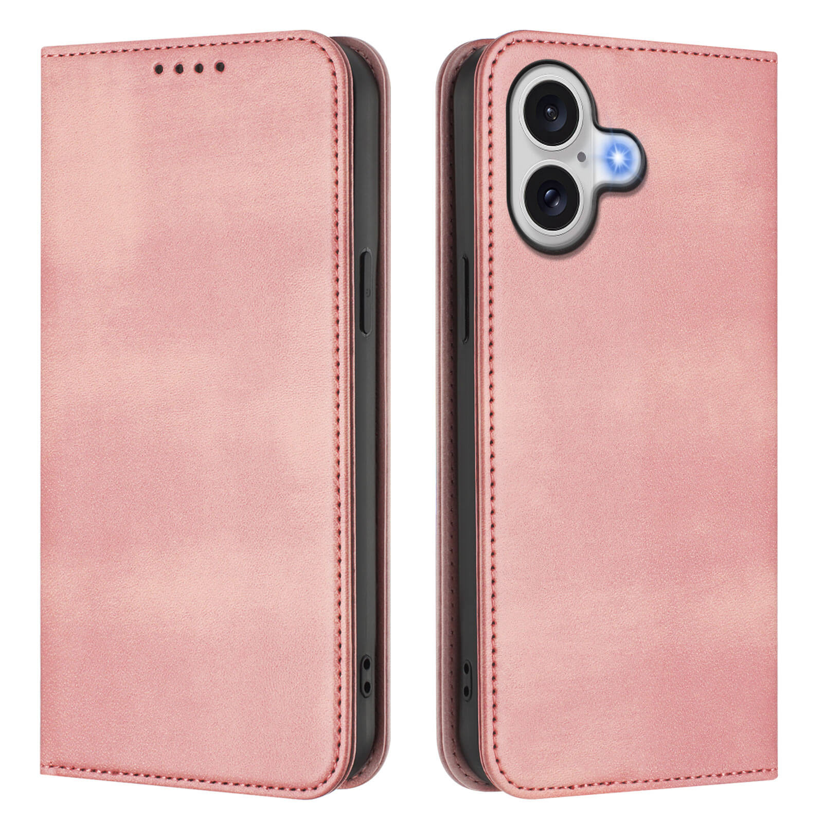 Zwei Ansichten des Cover-Discount iPhone 17 - Vintage Flip Case in Pink, mit RFID-Schutz, gezeigt mit der vorderen Abdeckung und dem Ausschnitt für die Rückkamera.