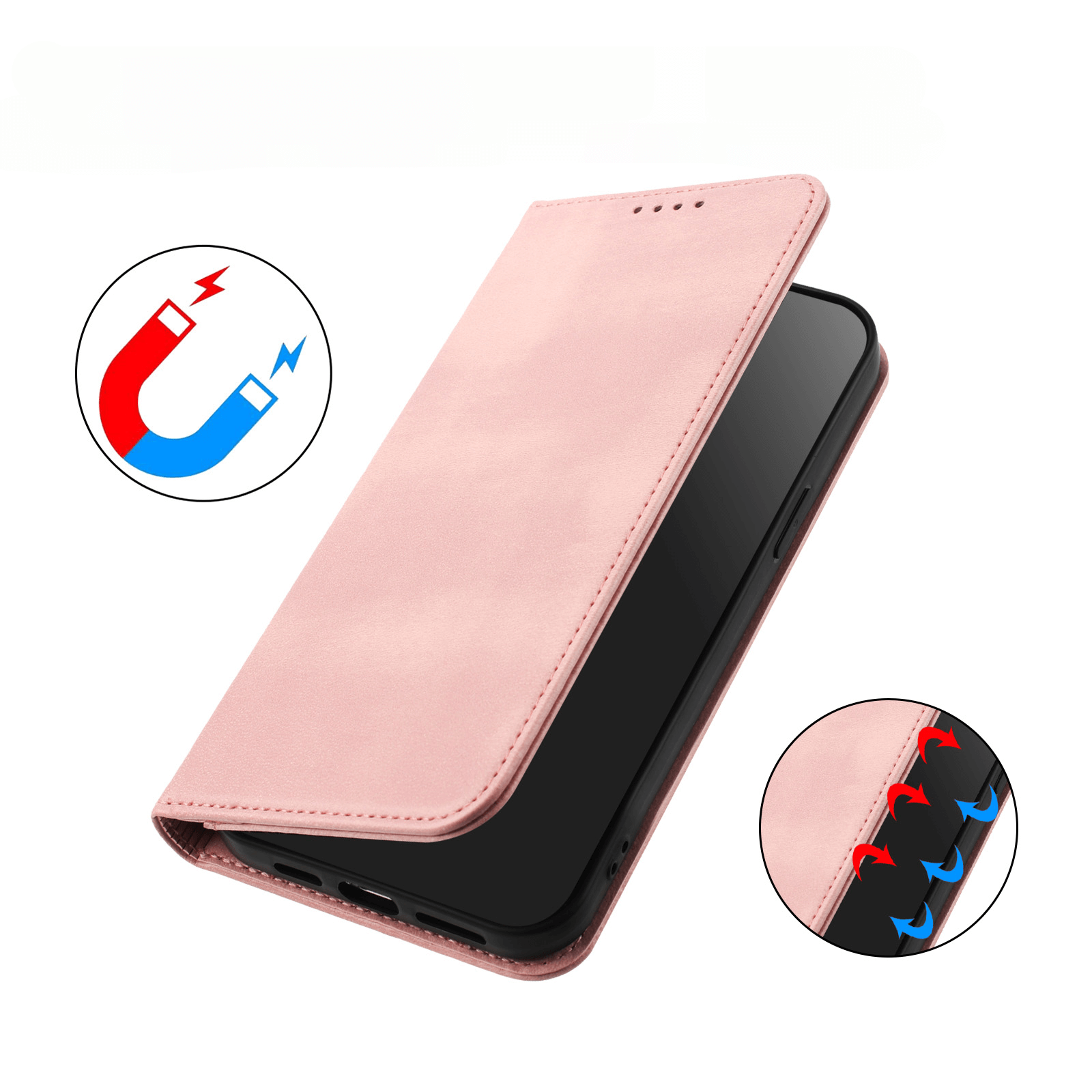 Ein rosa Cover-Discount iPhone 17 - Vintage Flip Case, teilweise geöffnet mit Magnetverschluss-Symbolen, präsentiert stilvollen RFID-Schutz für Ihr Smartphone.