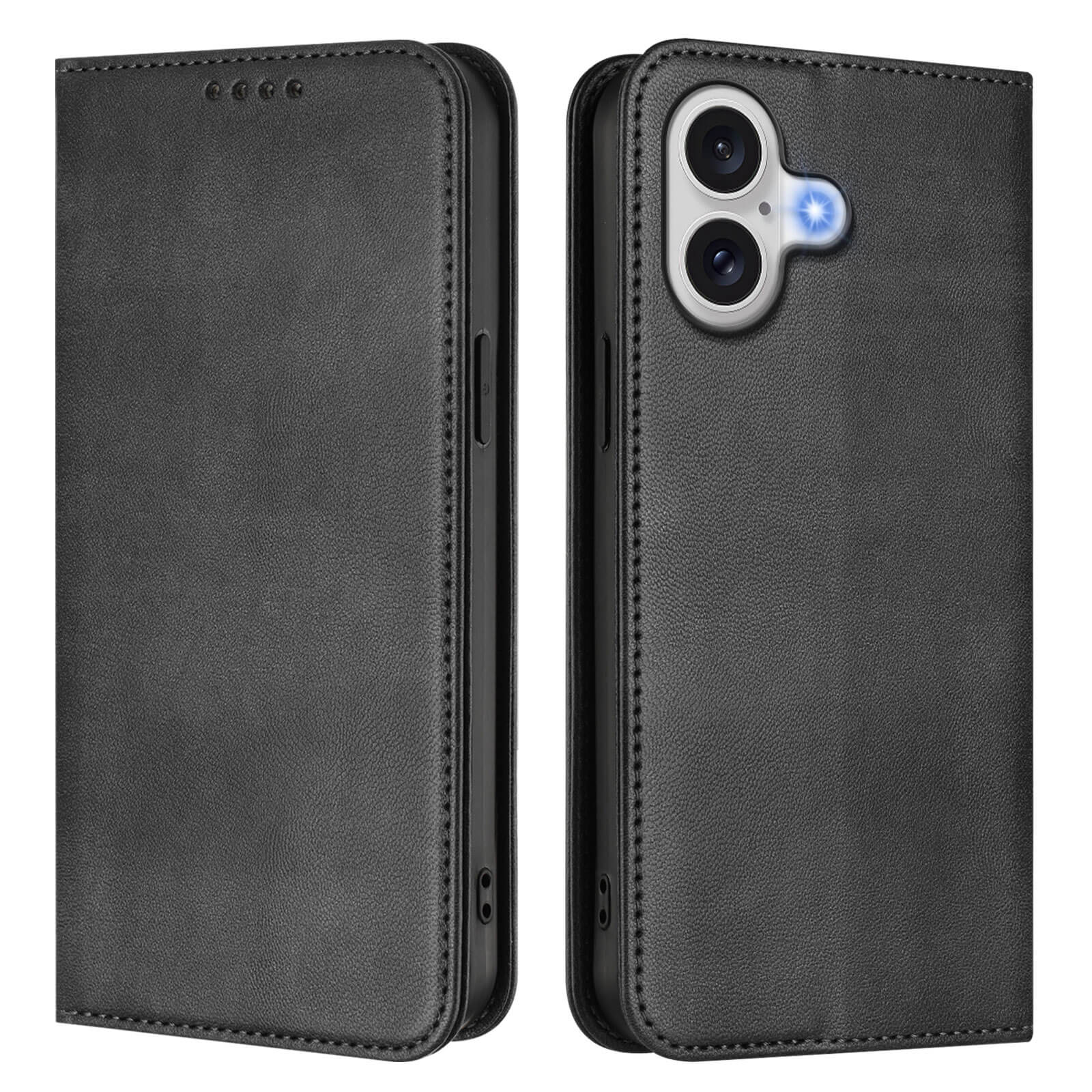 Zwei schwarze Leder Cover-Discount iPhone 17 - Vintage Flip Cases: eines geschlossen, eines mit Kamera- und Blitzausschnitten. Genießen Sie ein klassisches Vintage-Flip-Design mit stilvollem Schutz und zusätzlichem RFID-Schutz für Ihr Gerät.