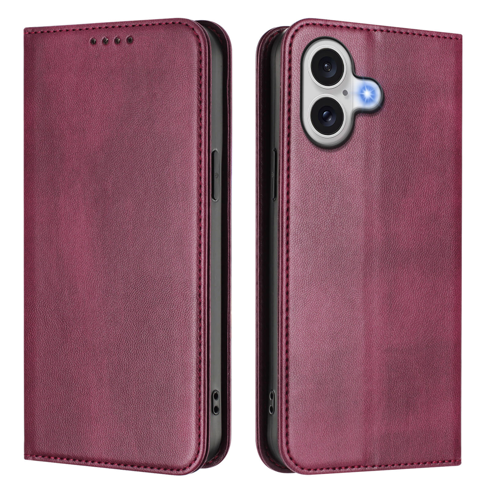 #farbe_weinrot|Das Cover-Discount iPhone 17 - Vintage Flip Case aus bordeauxfarbenem Leder ist offen und geschlossen abgebildet und verfügt über eine präzise Aussparung für die Kamera auf der Rückseite sowie einen integrierten RFID-Schutz.