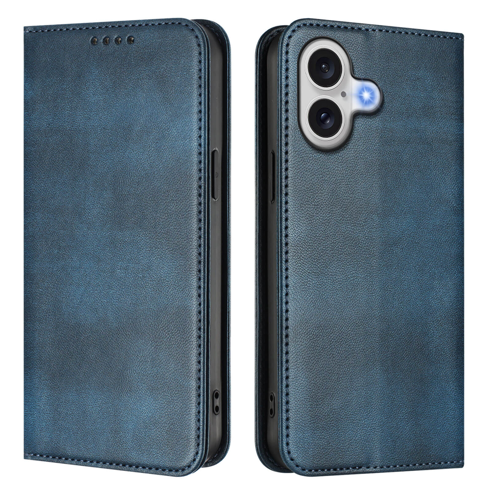 Das Cover-Discount iPhone 17 - Vintage Flip Case wird von der Vorder- und Rückseite geschlossen gezeigt und zeigt Kamera- und Tastenausschnitte. Inklusive RFID-Schutz für zusätzliche Sicherheit.