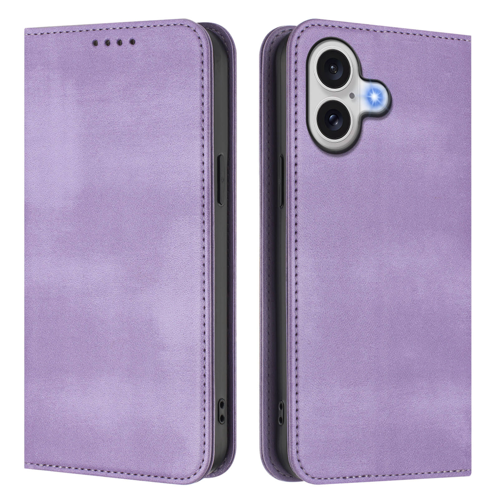 Zwei Ansichten des Cover-Discount iPhone 17 - Vintage Flip Case in Lavendel, die sowohl die Vorder- als auch die Rückseite mit Cover zeigen.