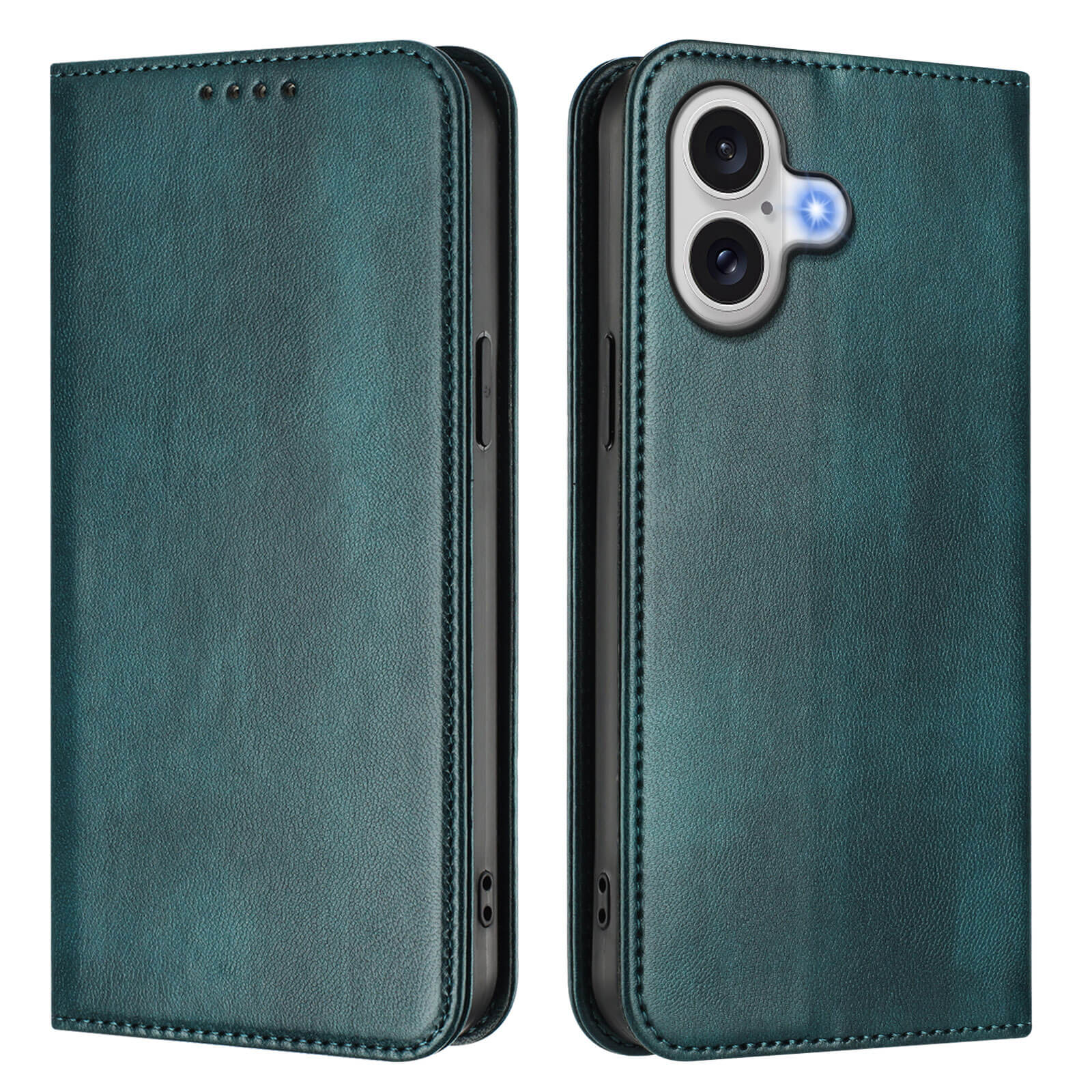 Das Cover-Discount iPhone 17 - Vintage Flip Case in tealem Leder wird geschlossen gezeigt, Vorder- und Rückansicht, wobei der Kameraausschnitt, die seitlichen Tasten und der integrierte RFID-Schutz hervorgehoben werden.