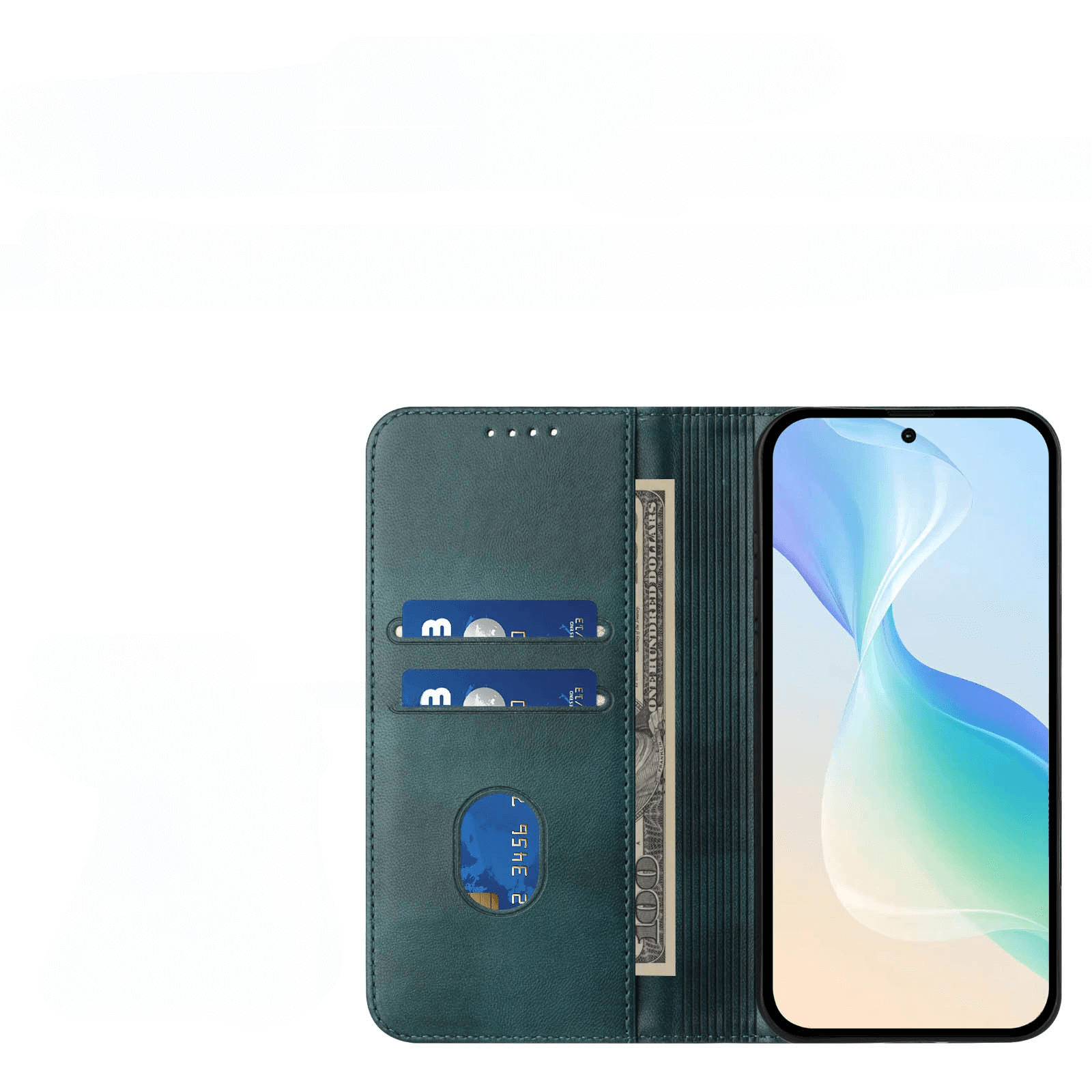 Die Cover-Discount iPhone 17 - Vintage Flip Case sichert Karten, Bargeld und Ihr Telefon mit RFID-Schutz, alles in einem stilvollen Brieftasche Design auf einem weißen Hintergrund gezeigt.