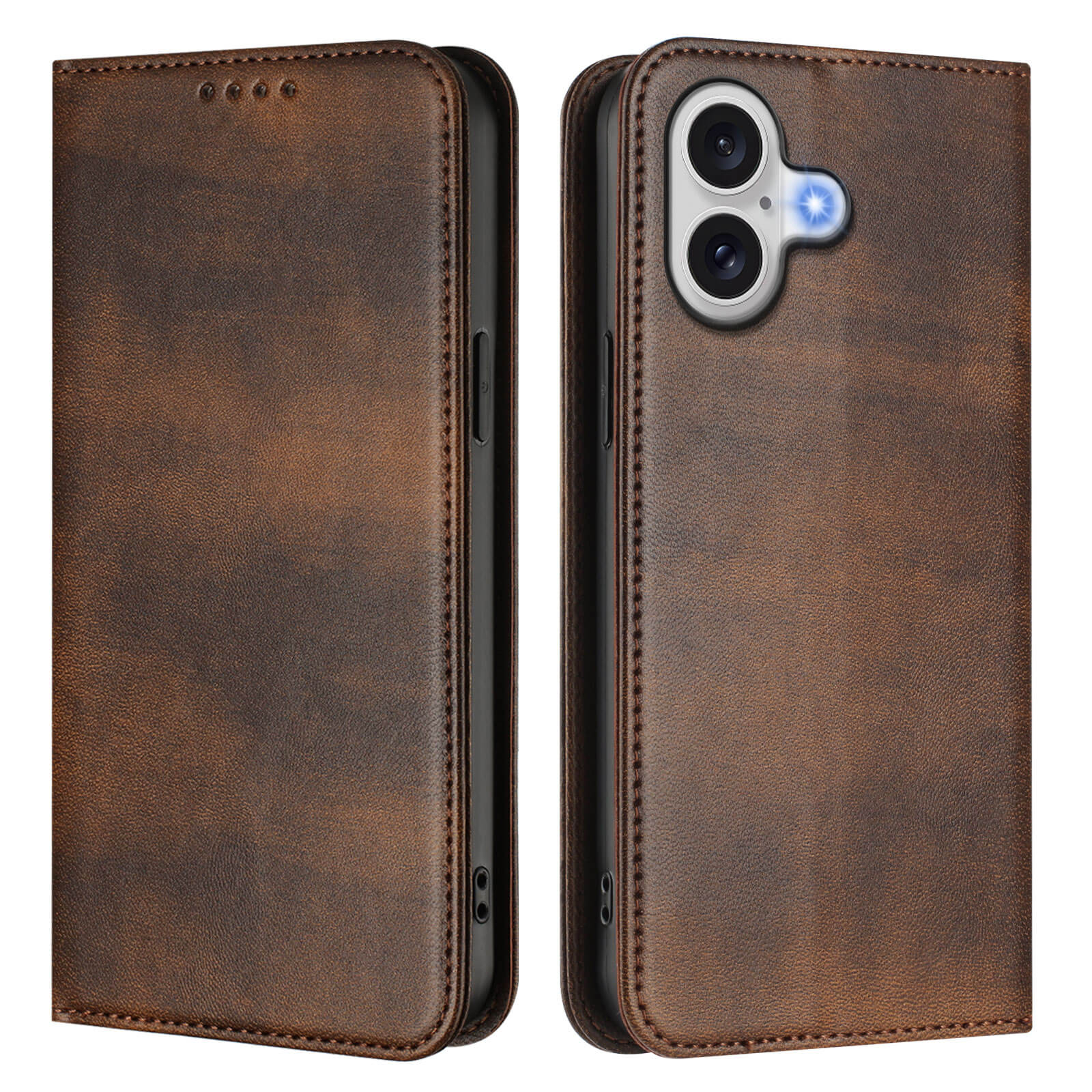 Das Cover-Discount iPhone 17 - Vintage Flip Case aus braunem Leder verfügt über sichtbare Nähte, einen Kameraausschnitt und integrierten RFID-Schutz. Vorder- und Rückansicht unterstreichen den Vintage-Stil und die zusätzliche Sicherheit.
