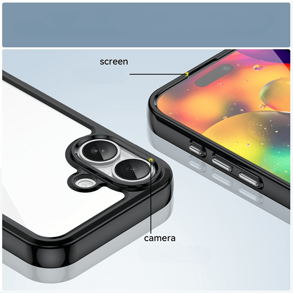 Nahaufnahme der Cover-Discount iPhone 17 - Schützende Acryl-Handyhülle mit erhöhtem Rand, die den beschrifteten Bildschirm- und Kameraschutz zeigt.