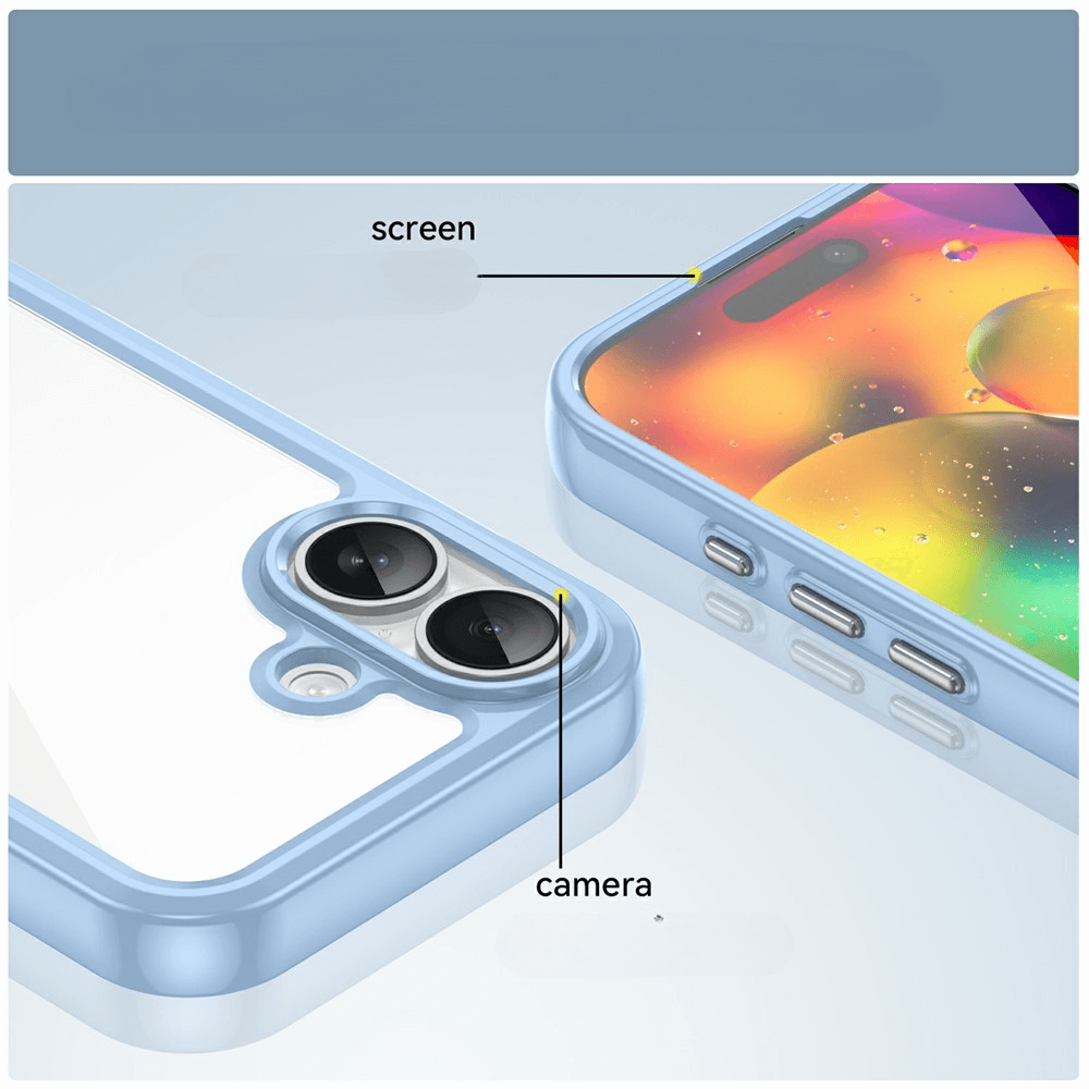Nahaufnahme eines blauen iPhone 17 - Schützende Acryl-Handyhülle mit erhöhtem Rand von Cover-Discount, mit Pfeilen auf Bildschirm und Kamera, die das transparente Cover präsentieren.