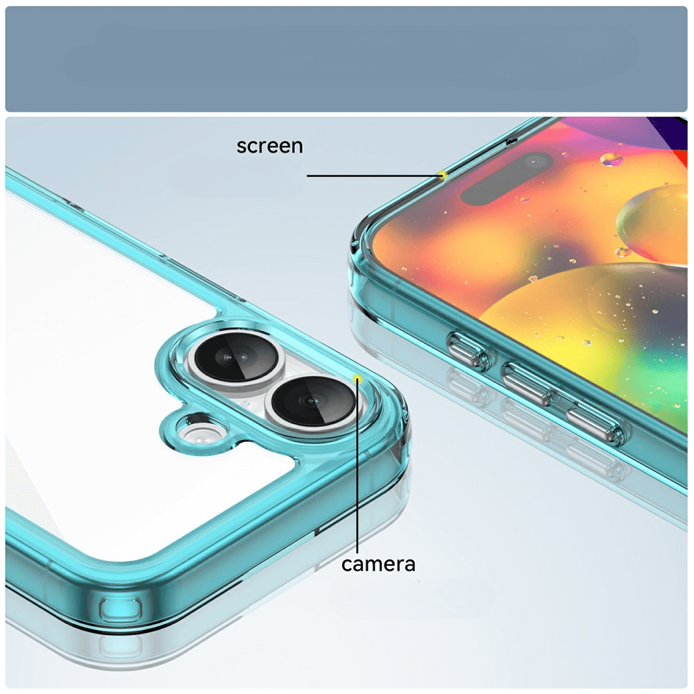 Schütze dein iPhone 17 mit der Cover-Discount Acryl-Handyhülle: Transparente, kratzfeste, erhöhte Ränder in Teal und beschriftete Screen- und Kamera-Bereichen - stylisch und robust!.